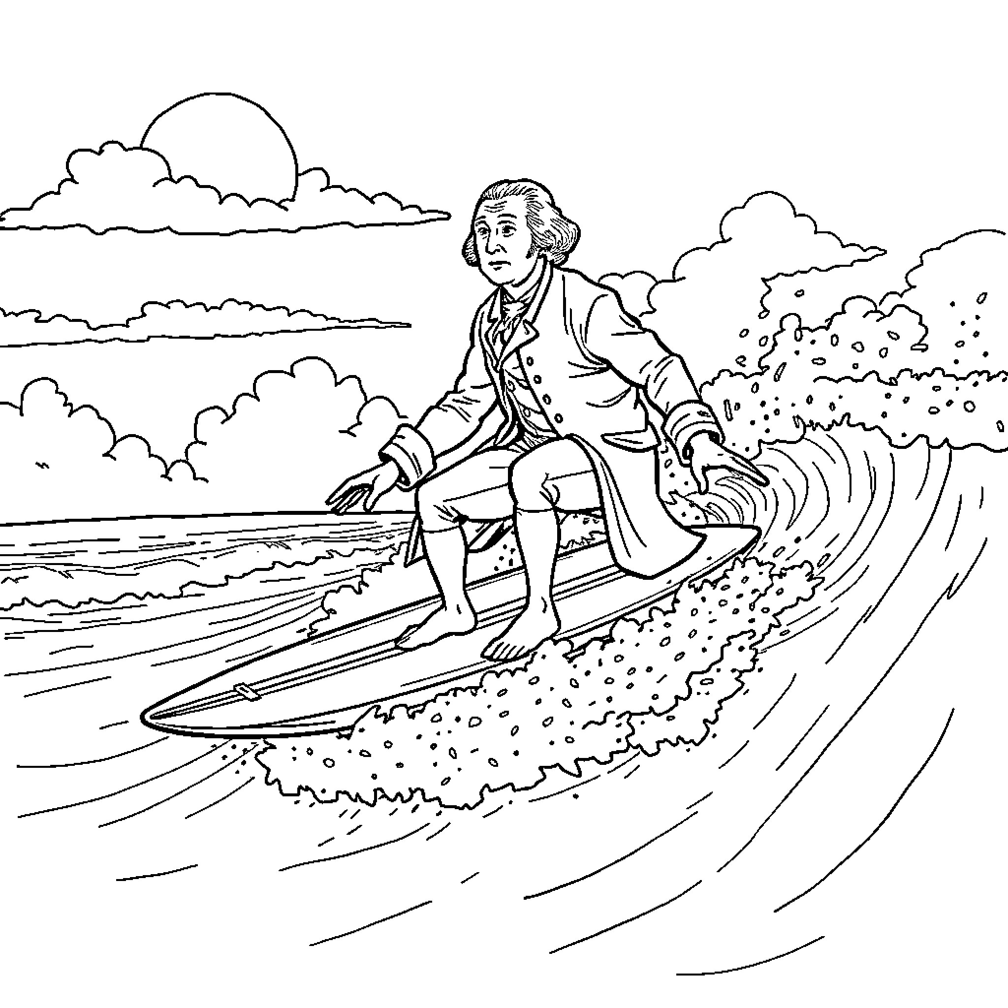 George Washington Surfing the Waves Coloring Page (free black-and-white line drawing printable PDF for all, from beginners to advanced learners, including children, teens, adults, and seniors)