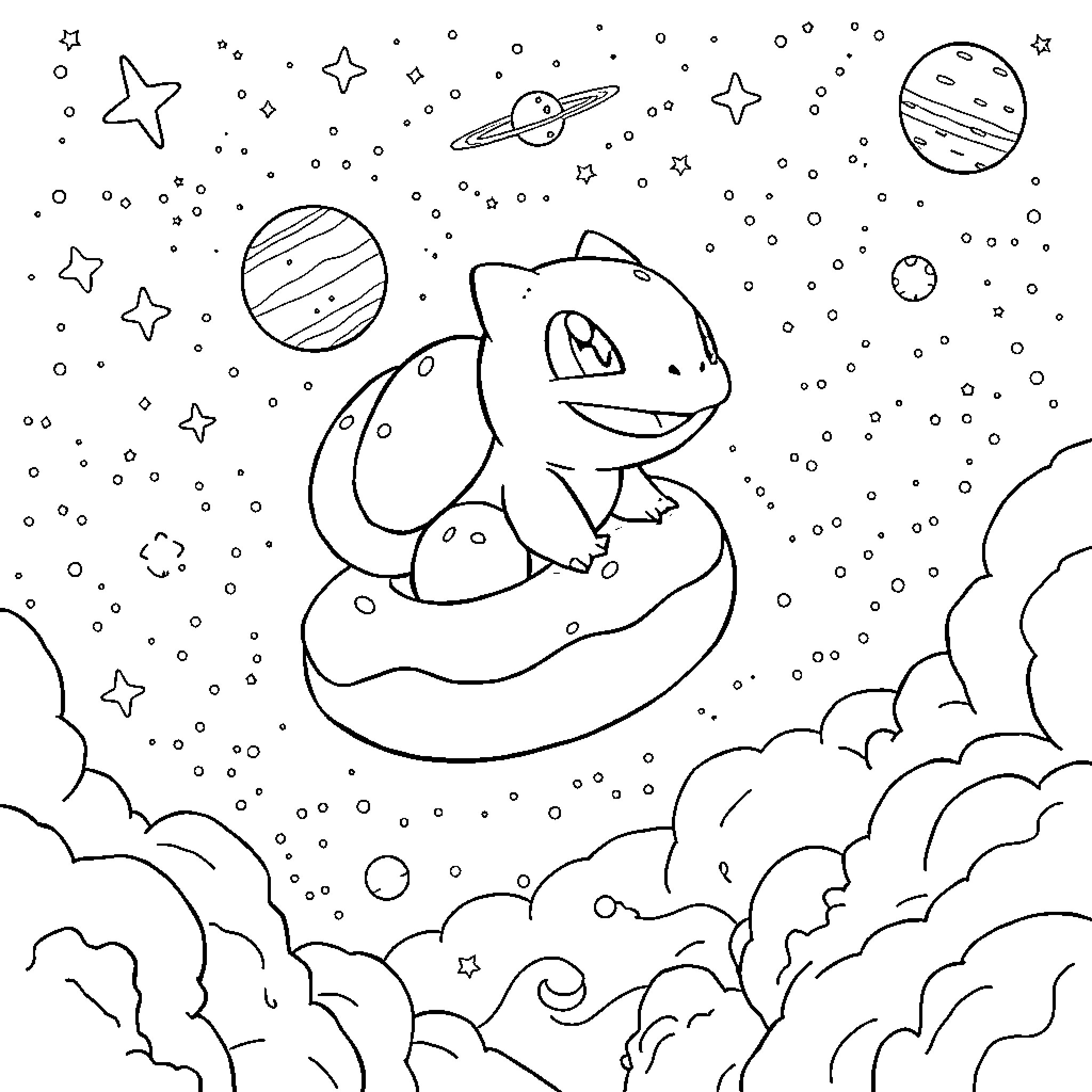 Bulbasaur exploring the cosmic landscape Coloring Page (free black-and-white line drawing printable PDF for all, from beginners to advanced learners, including children, teens, adults, and seniors)