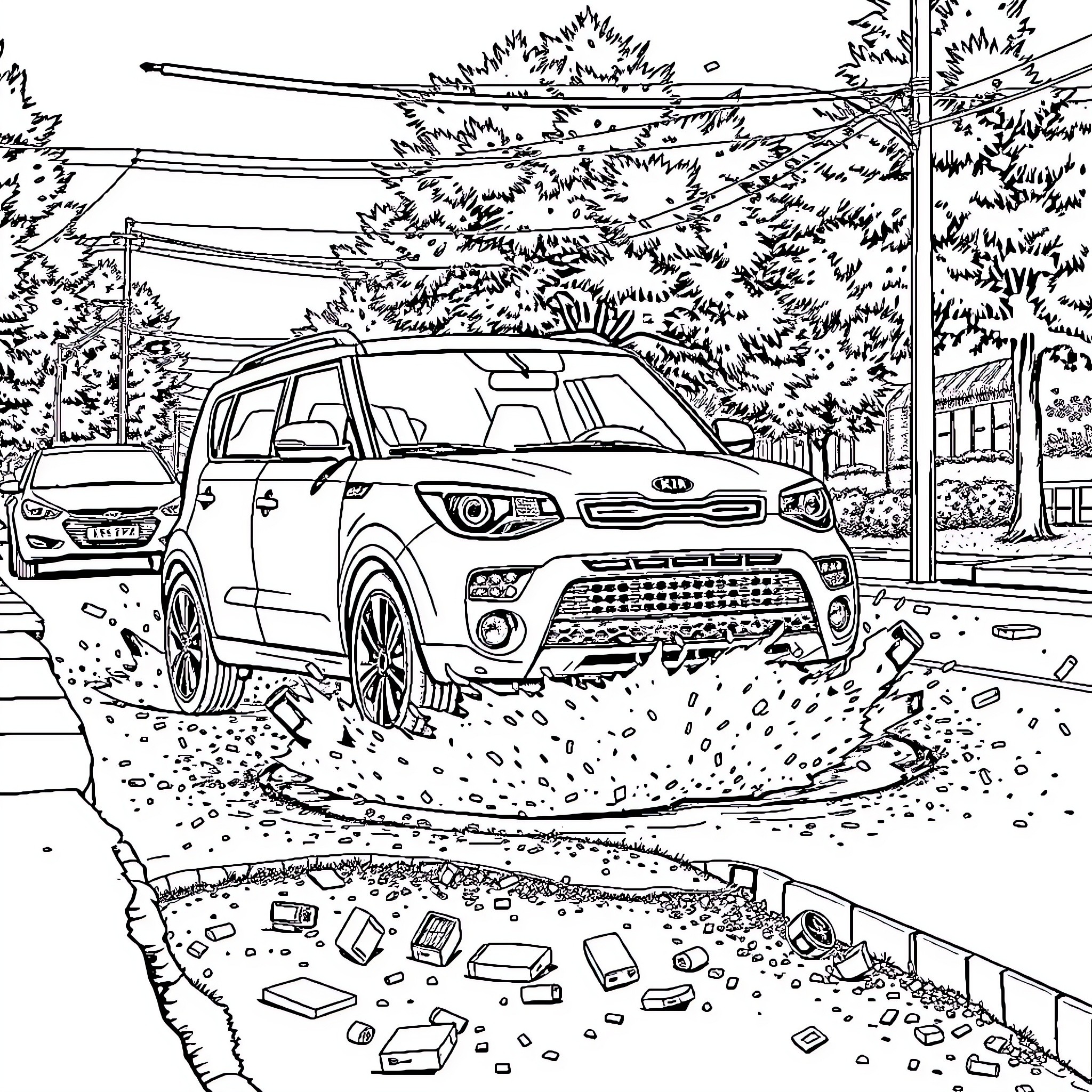 Kia Soul driving through a muddy road in the woods Coloring Page (free black-and-white line drawing printable PDF for all, from beginners to advanced learners, including children, teens, adults, and seniors)