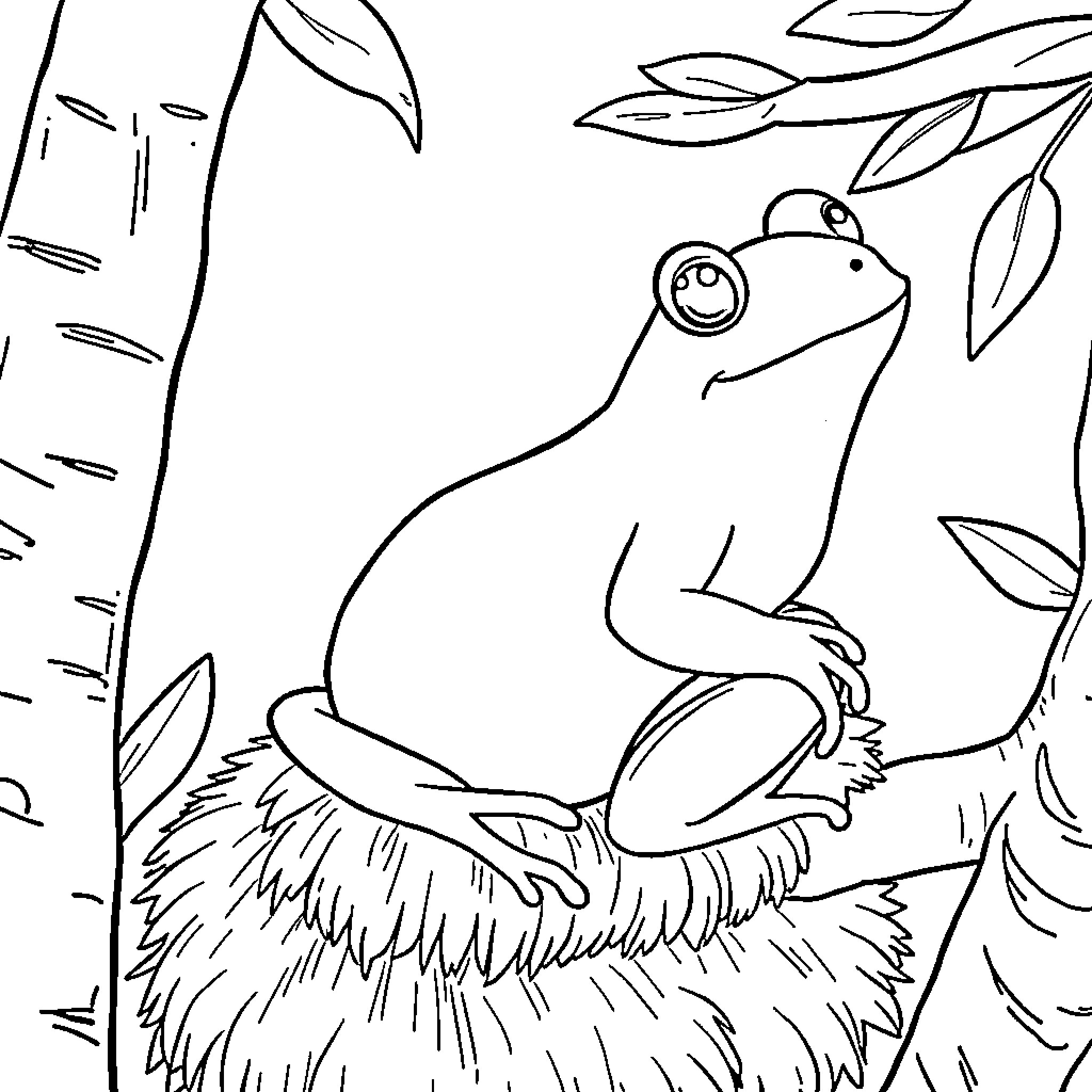 Frog resting on a nest of leaves Coloring Page (free black-and-white line drawing printable PDF for all, from beginners to advanced learners, including children, teens, adults, and seniors)