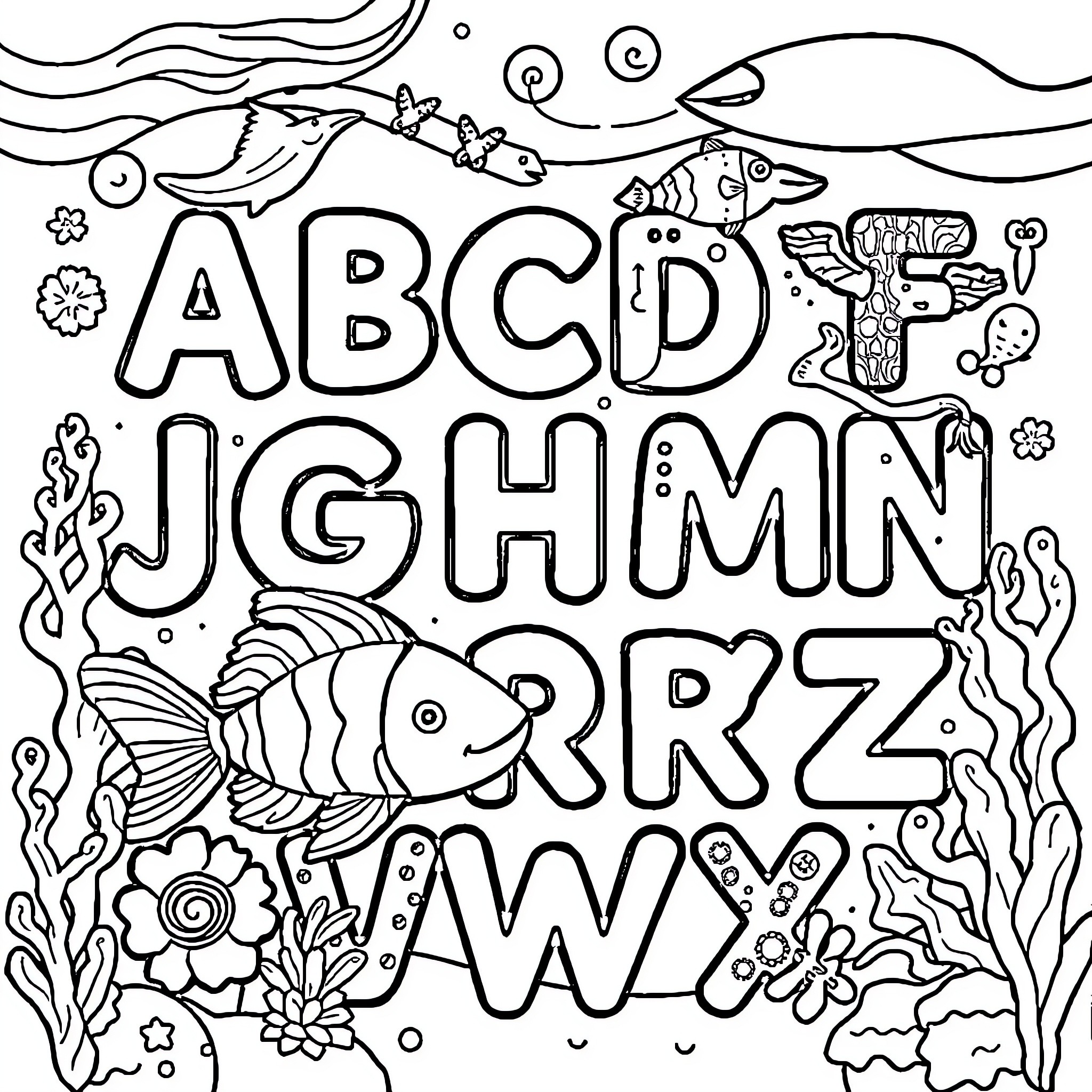 Ocean Creature Alphabet Coloring Page Coloring Page (free black-and-white line drawing printable PDF for all, from beginners to advanced learners, including children, teens, adults, and seniors)