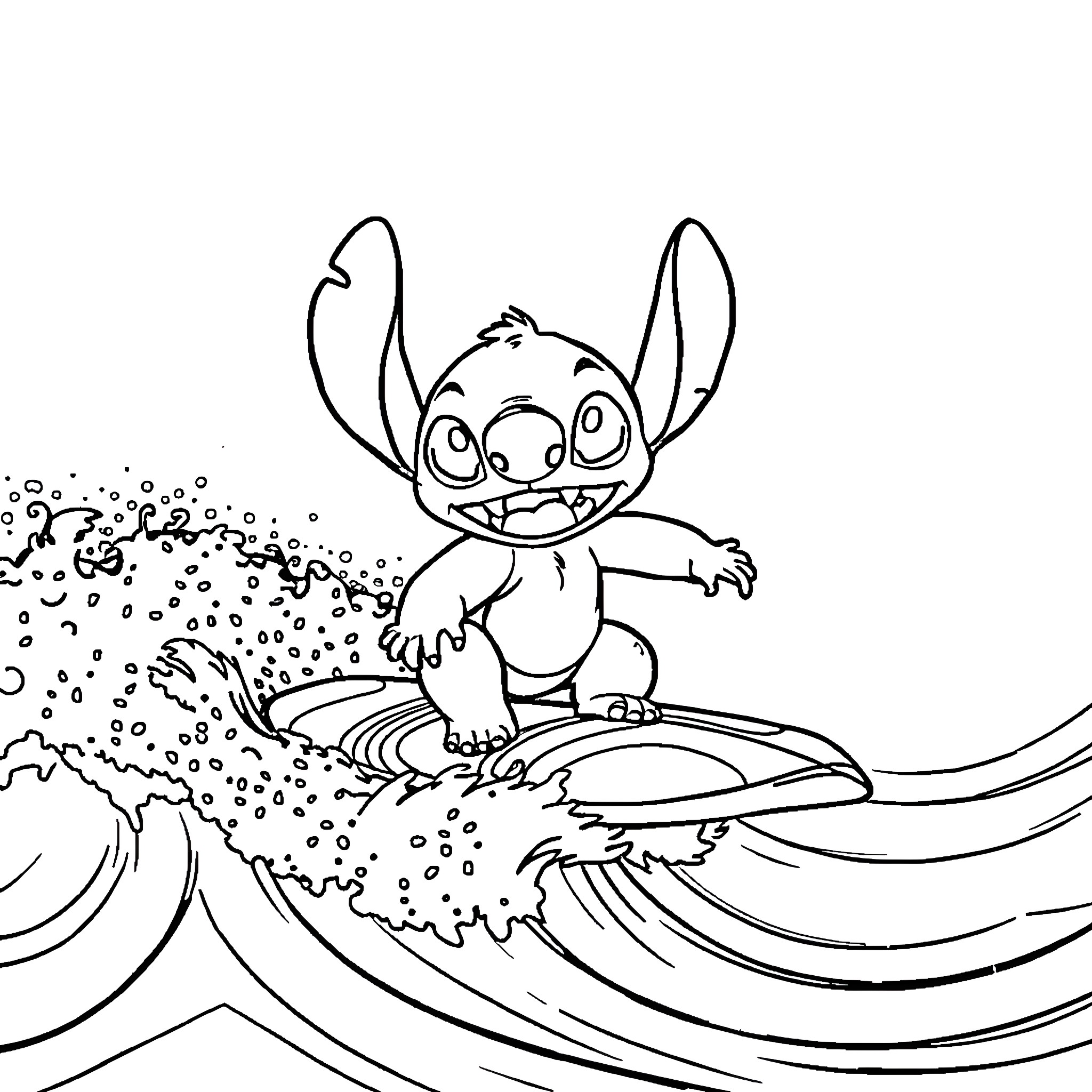 Stitch surfing through the waves Coloring Page (free black-and-white line drawing printable PDF for all, from beginners to advanced learners, including children, teens, adults, and seniors)
