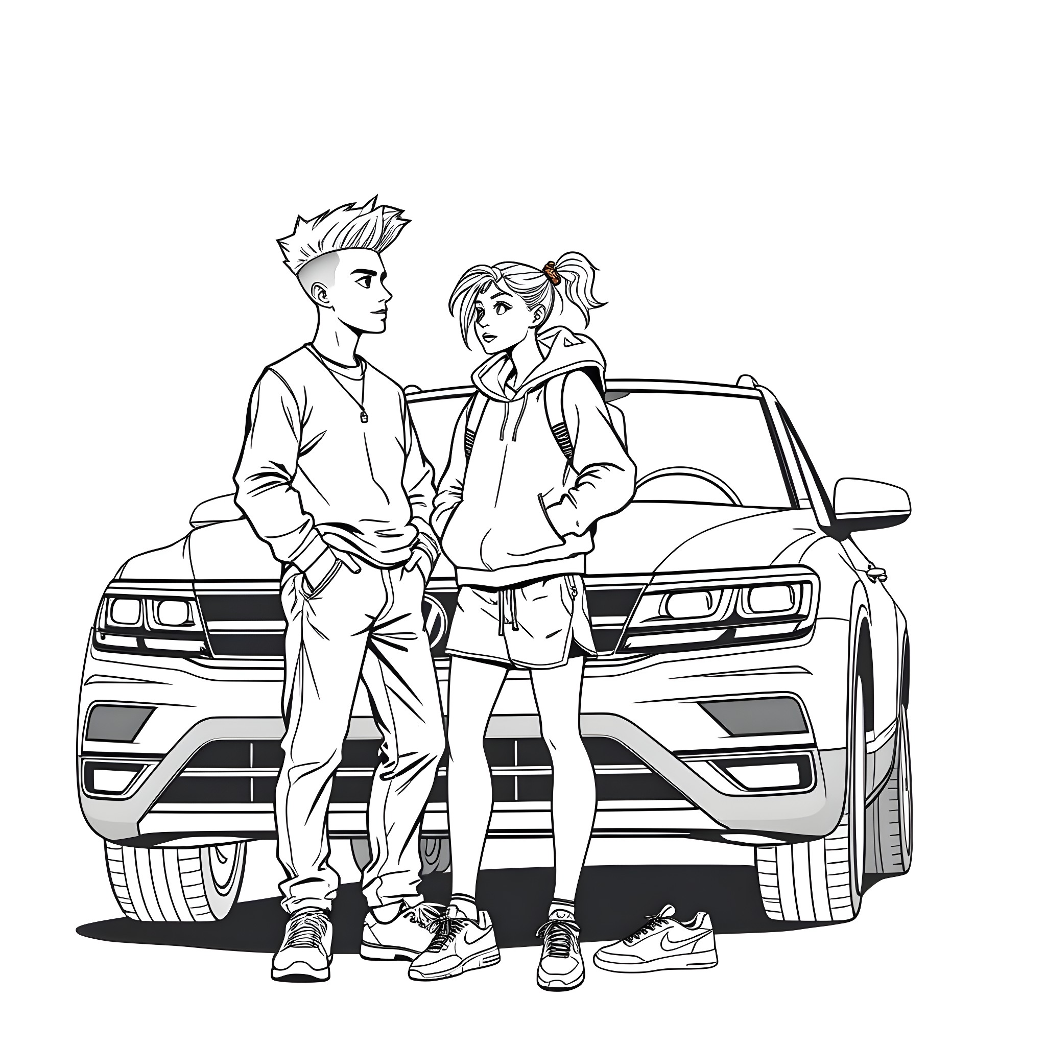 Teen couple posing by their car Coloring Page (free black-and-white line drawing printable PDF for all, from beginners to advanced learners, including children, teens, adults, and seniors)
