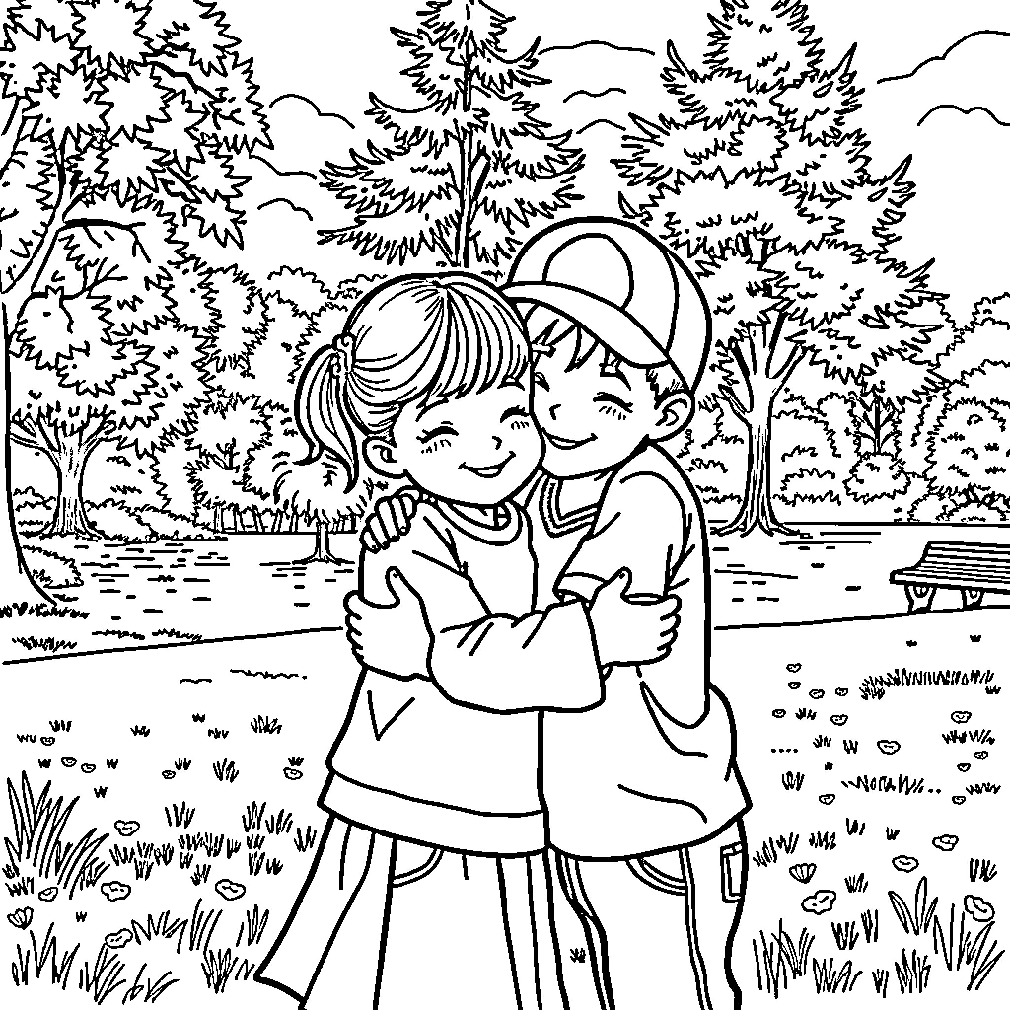 Child friends hugging in the park Coloring Page (free black-and-white line drawing printable PDF for all, from beginners to advanced learners, including children, teens, adults, and seniors)