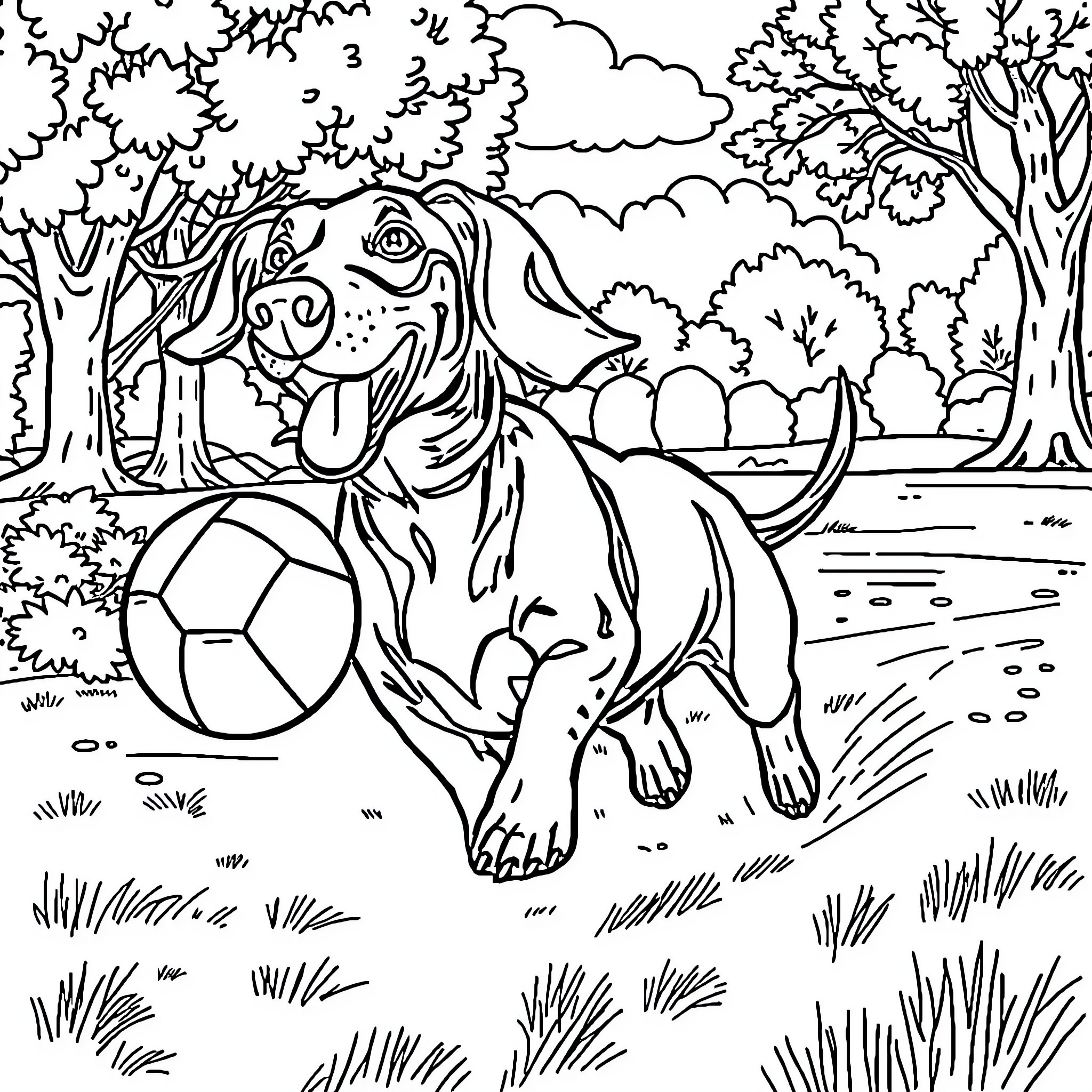 Dachshund playing with a soccer ball in the park Coloring Page (free black-and-white line drawing printable PDF for all, from beginners to advanced learners, including children, teens, adults, and seniors)