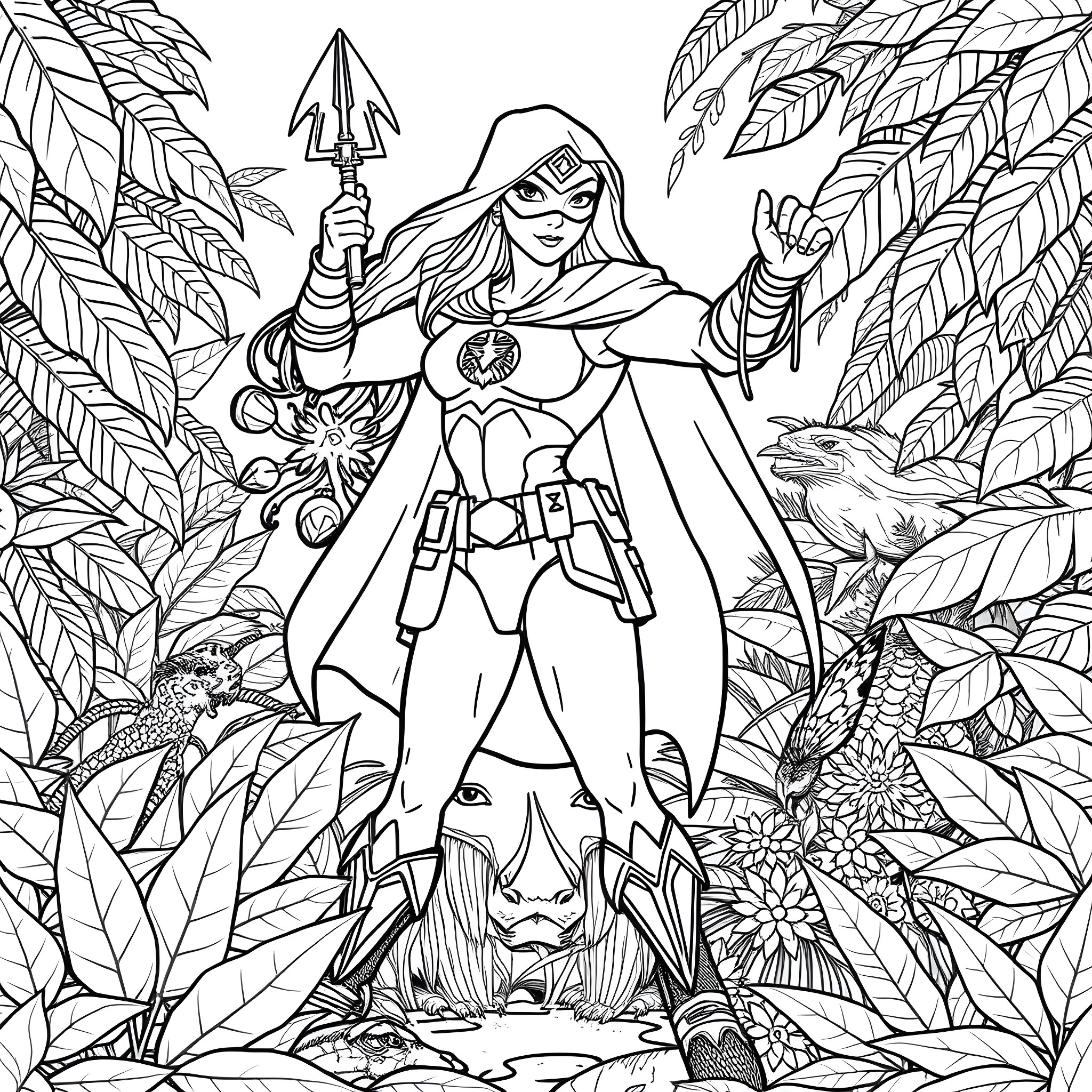 Amazon Peccy in a Heroic Jungle Adventure Coloring Page (free black-and-white line drawing printable PDF for all, from beginners to advanced learners, including children, teens, adults, and seniors)