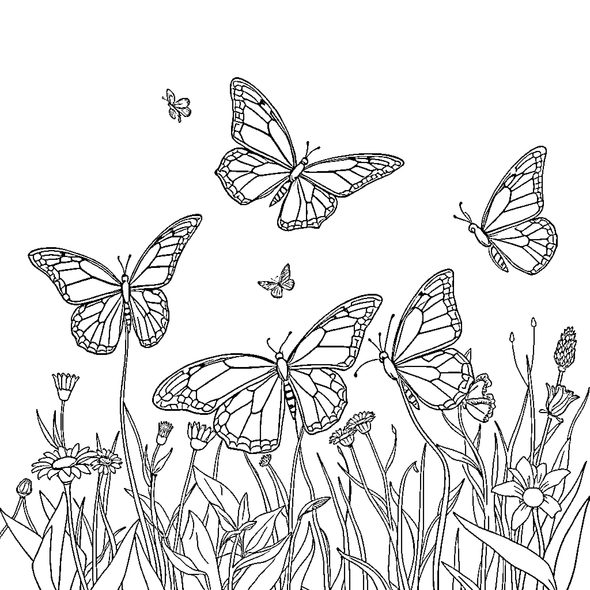 Butterfly friends frolicking in the wild garden Coloring Page (free black-and-white line drawing printable PDF for all, from beginners to advanced learners, including children, teens, adults, and seniors)