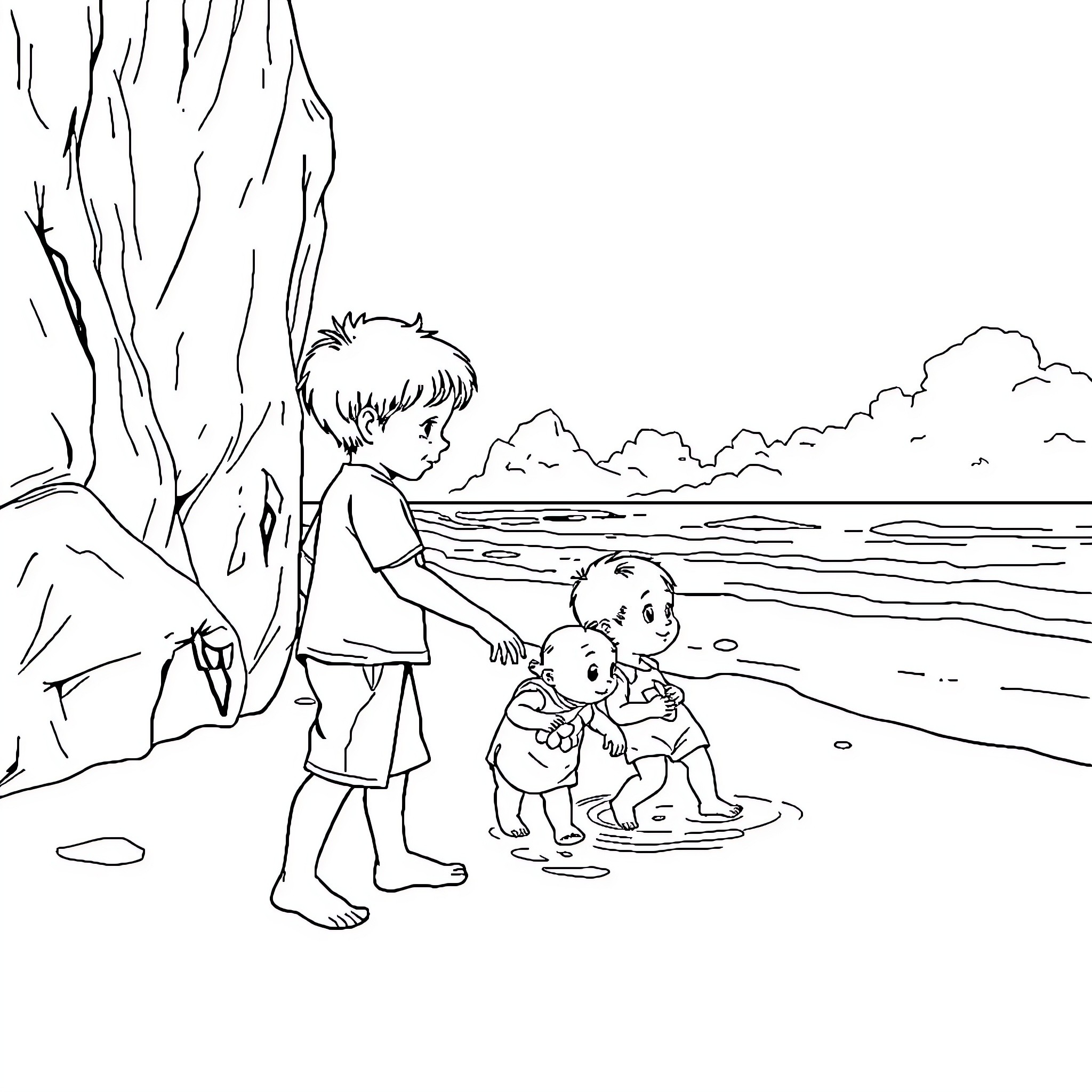 Child playing with siblings by the lake Coloring Page (free black-and-white line drawing printable PDF for all, from beginners to advanced learners, including children, teens, adults, and seniors)