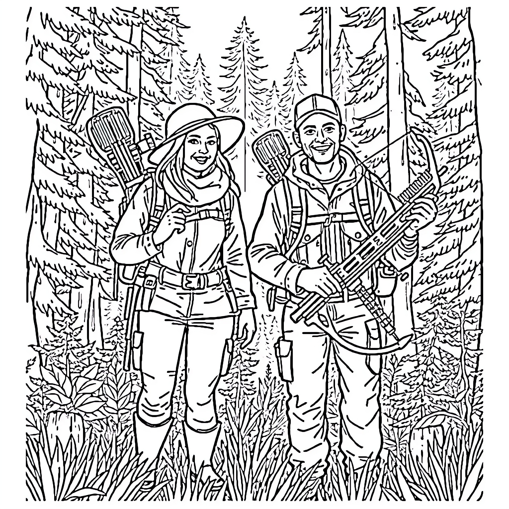 Hunter couple exploring snowy forest with equipment Coloring Page (free black-and-white line drawing printable PDF for all, from beginners to advanced learners, including children, teens, adults, and seniors)