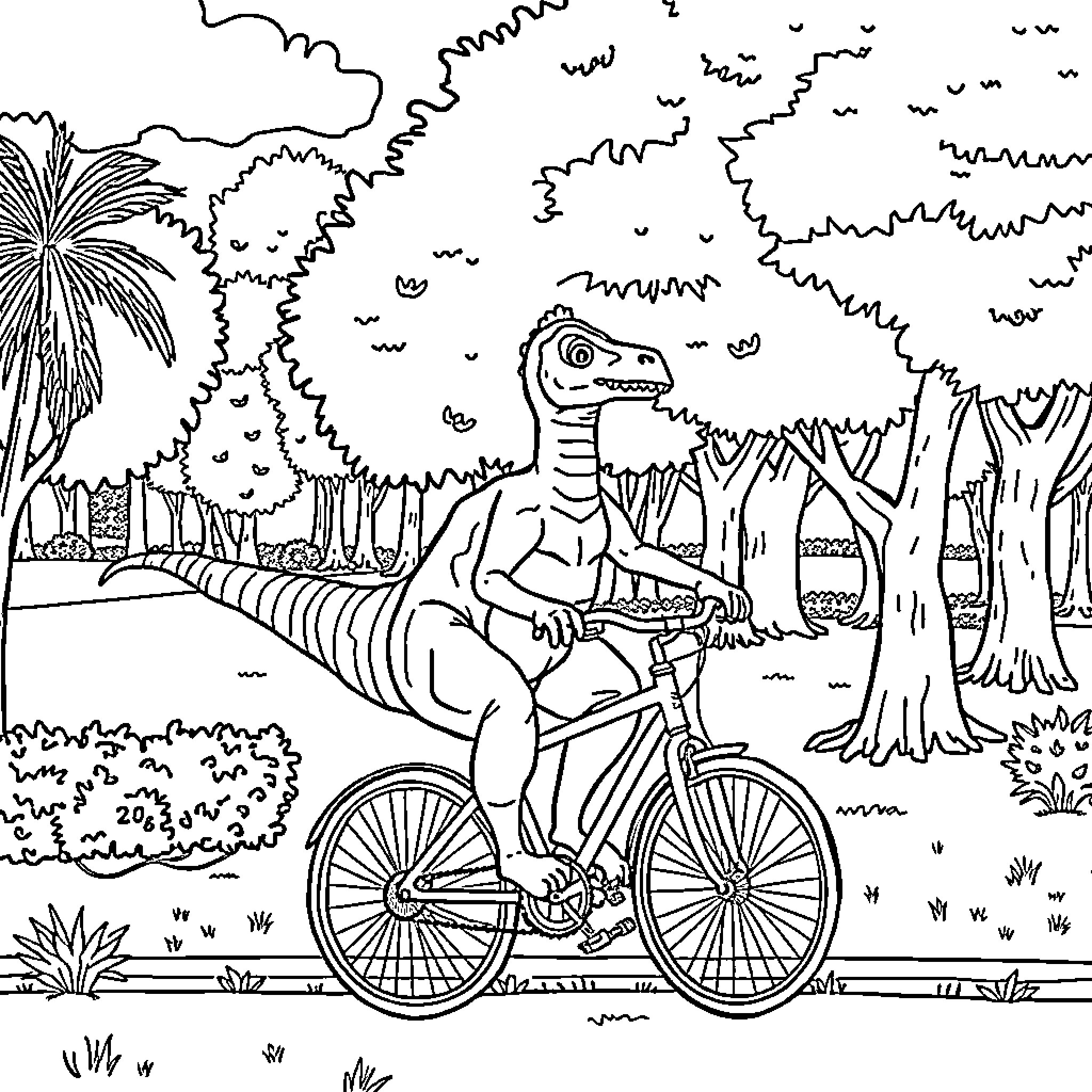 Tyrannosaurus riding a bicycle through the jungle Coloring Page (free black-and-white line drawing printable PDF for all, from beginners to advanced learners, including children, teens, adults, and seniors)