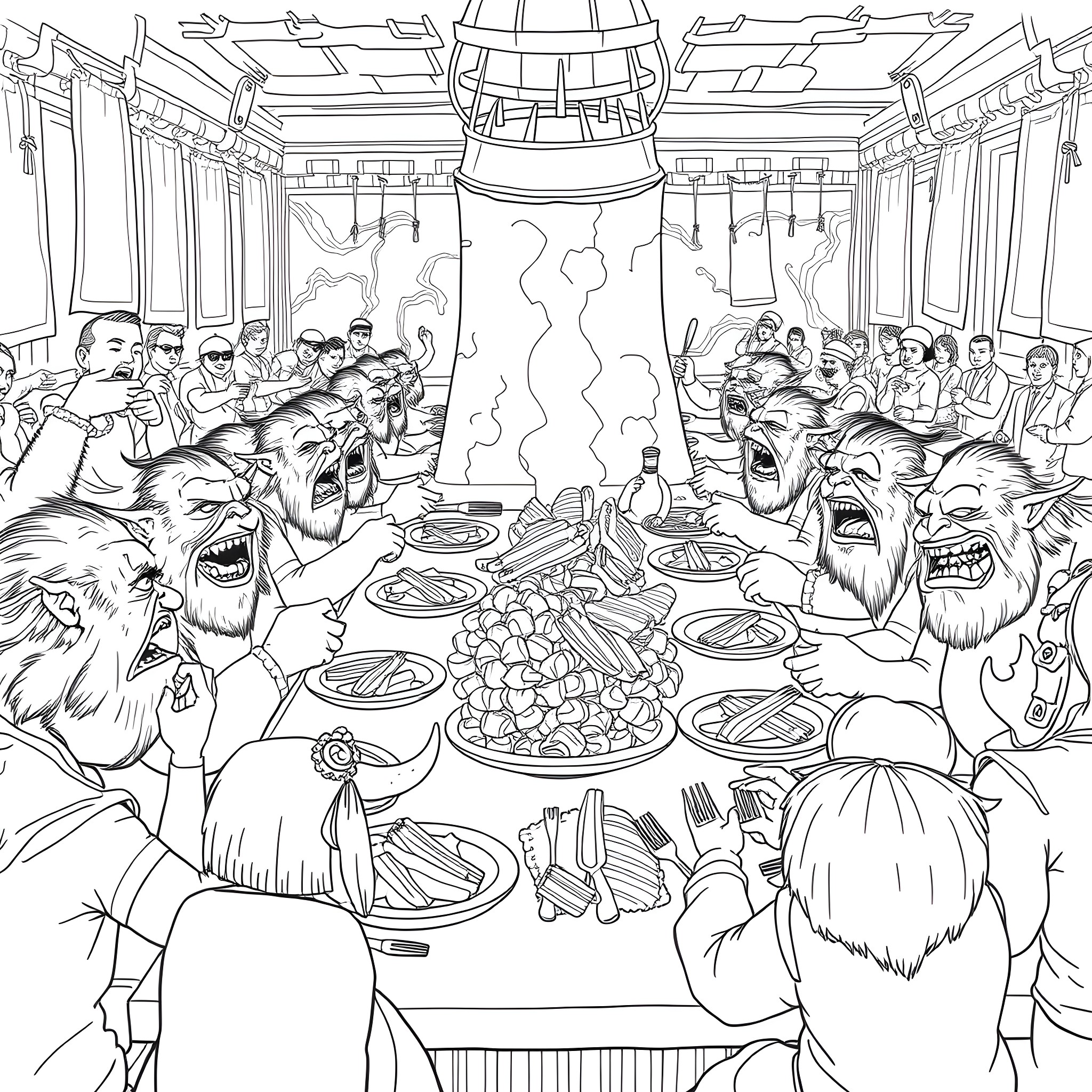 Ogre Feasting on a Banquet of Delights Coloring Page (free black-and-white line drawing printable PDF for all, from beginners to advanced learners, including children, teens, adults, and seniors)