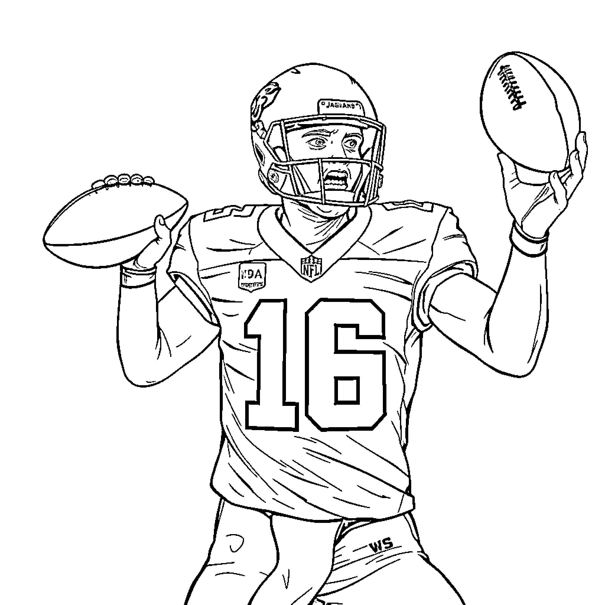 Jacksonville Jaguars player with football in action Coloring Page (free black-and-white line drawing printable PDF for all, from beginners to advanced learners, including children, teens, adults, and seniors)