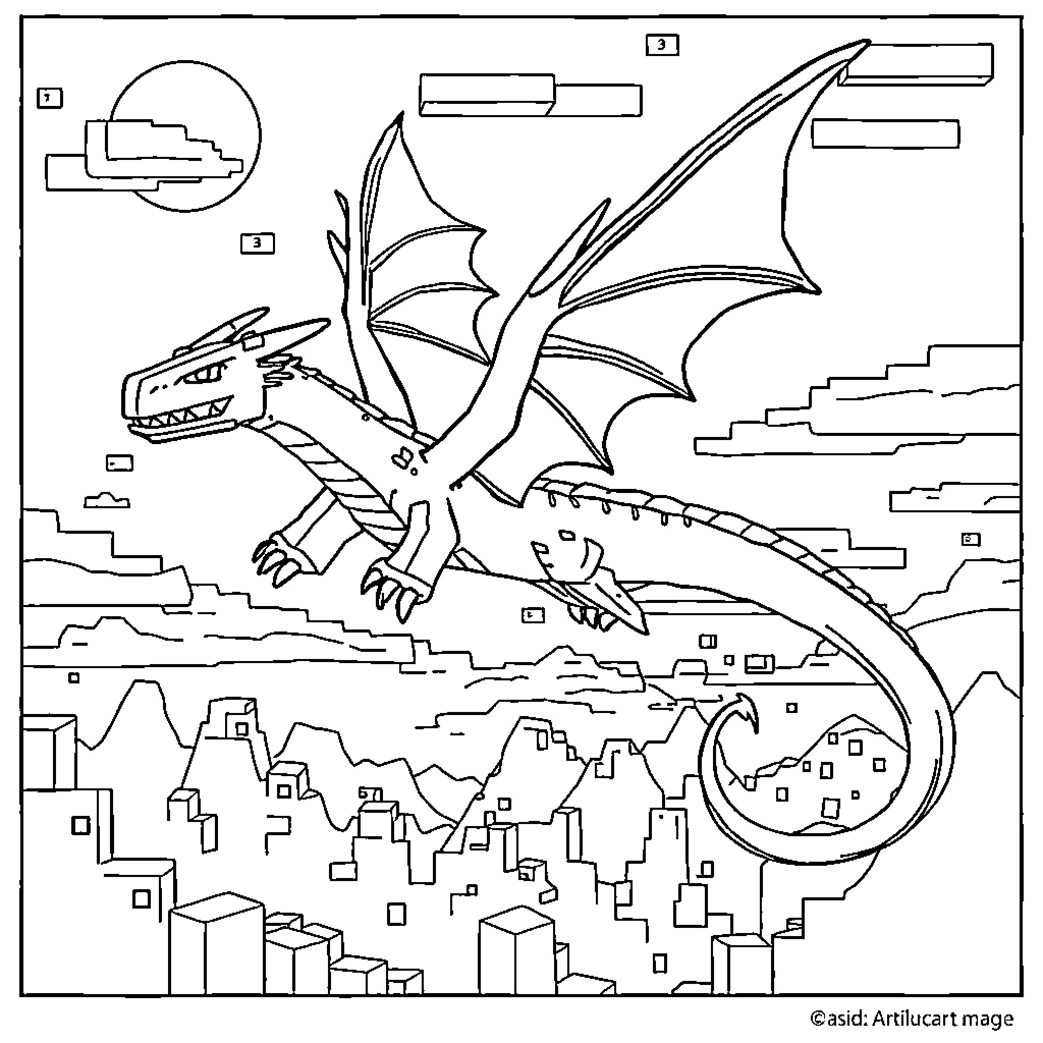 Ender Dragon soaring over a pixelated city Coloring Page (free black-and-white line drawing printable PDF for all, from beginners to advanced learners, including children, teens, adults, and seniors)