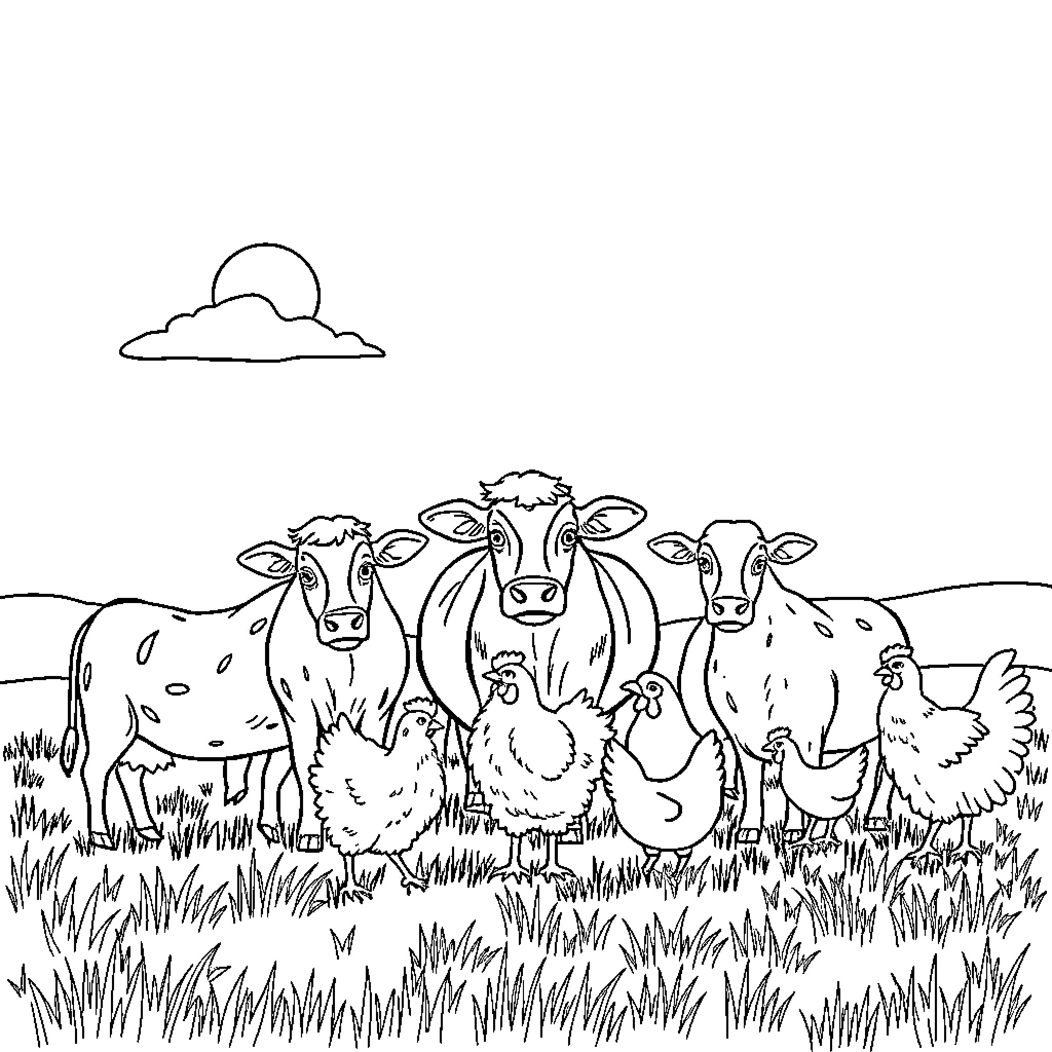 Farm Animals Grazing Peacefully in the Field Coloring Page (free black-and-white line drawing printable PDF for all, from beginners to advanced learners, including children, teens, adults, and seniors)