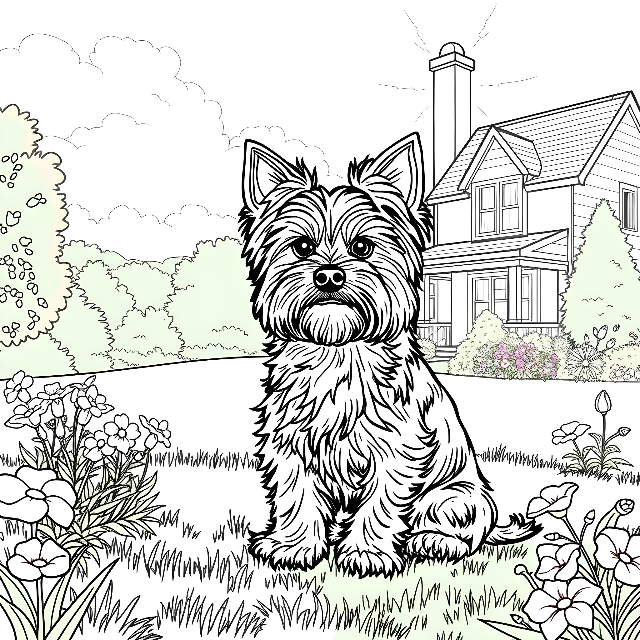 Yorkshire Terrier sitting in a flower garden Coloring Page (free black-and-white line drawing printable PDF for all, from beginners to advanced learners, including children, teens, adults, and seniors)