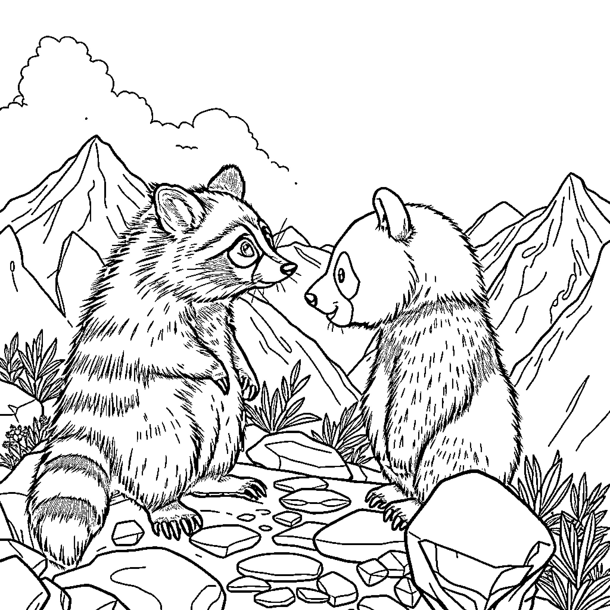Raccoons exploring the mountains together Coloring Page (free black-and-white line drawing printable PDF for all, from beginners to advanced learners, including children, teens, adults, and seniors)