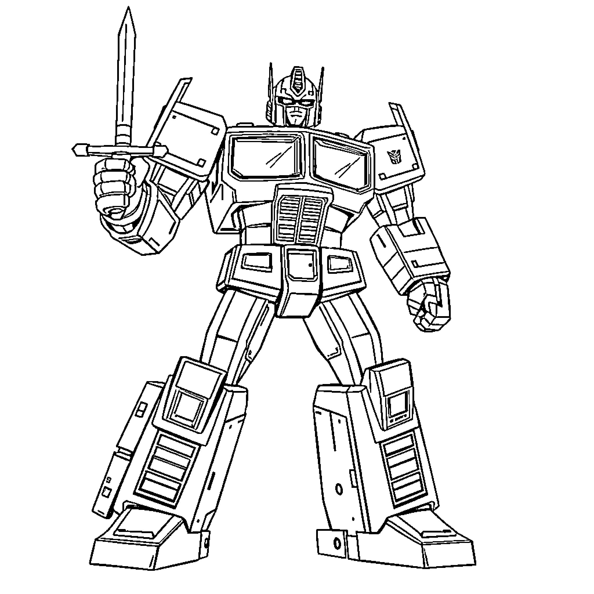 Optimus Prime Heroic Robot Warrior in Action Coloring Page (free black-and-white line drawing printable PDF for all, from beginners to advanced learners, including children, teens, adults, and seniors)