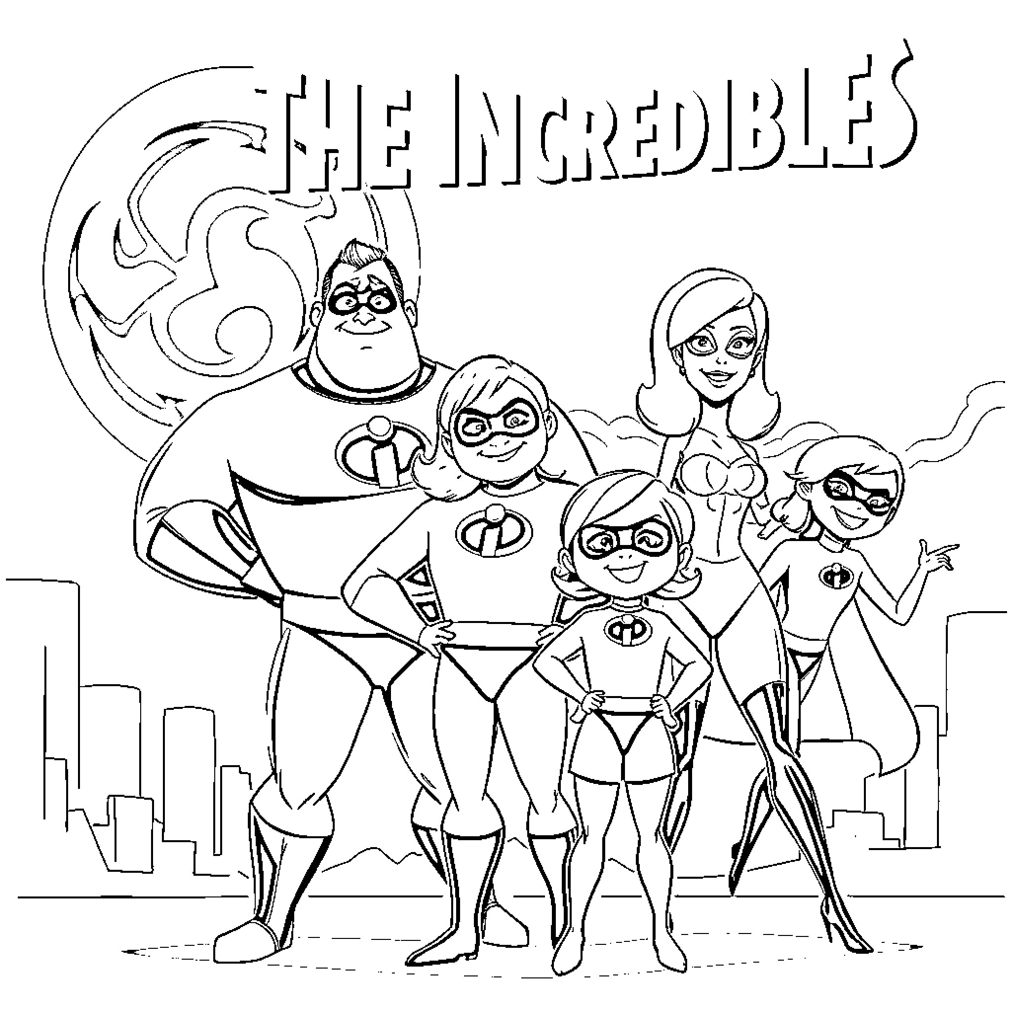 The Incredibles family posing heroically Coloring Page (free black-and-white line drawing printable PDF for all, from beginners to advanced learners, including children, teens, adults, and seniors)