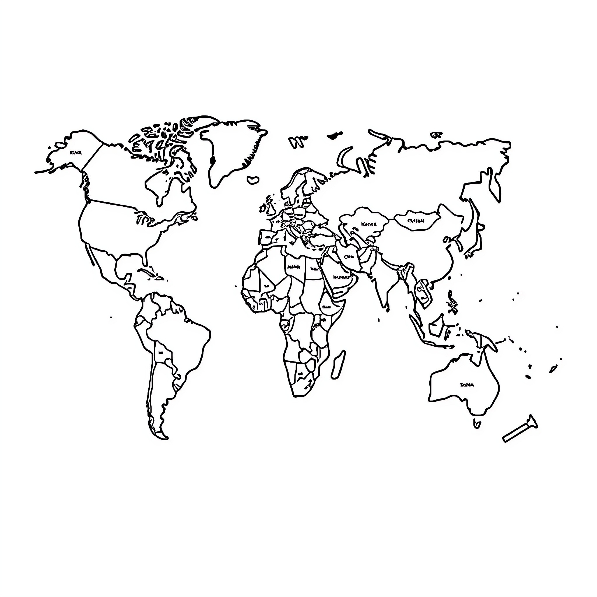 World Map with Continents Outlined Coloring Page (free black-and-white line drawing printable PDF for all, from beginners to advanced learners, including children, teens, adults, and seniors)