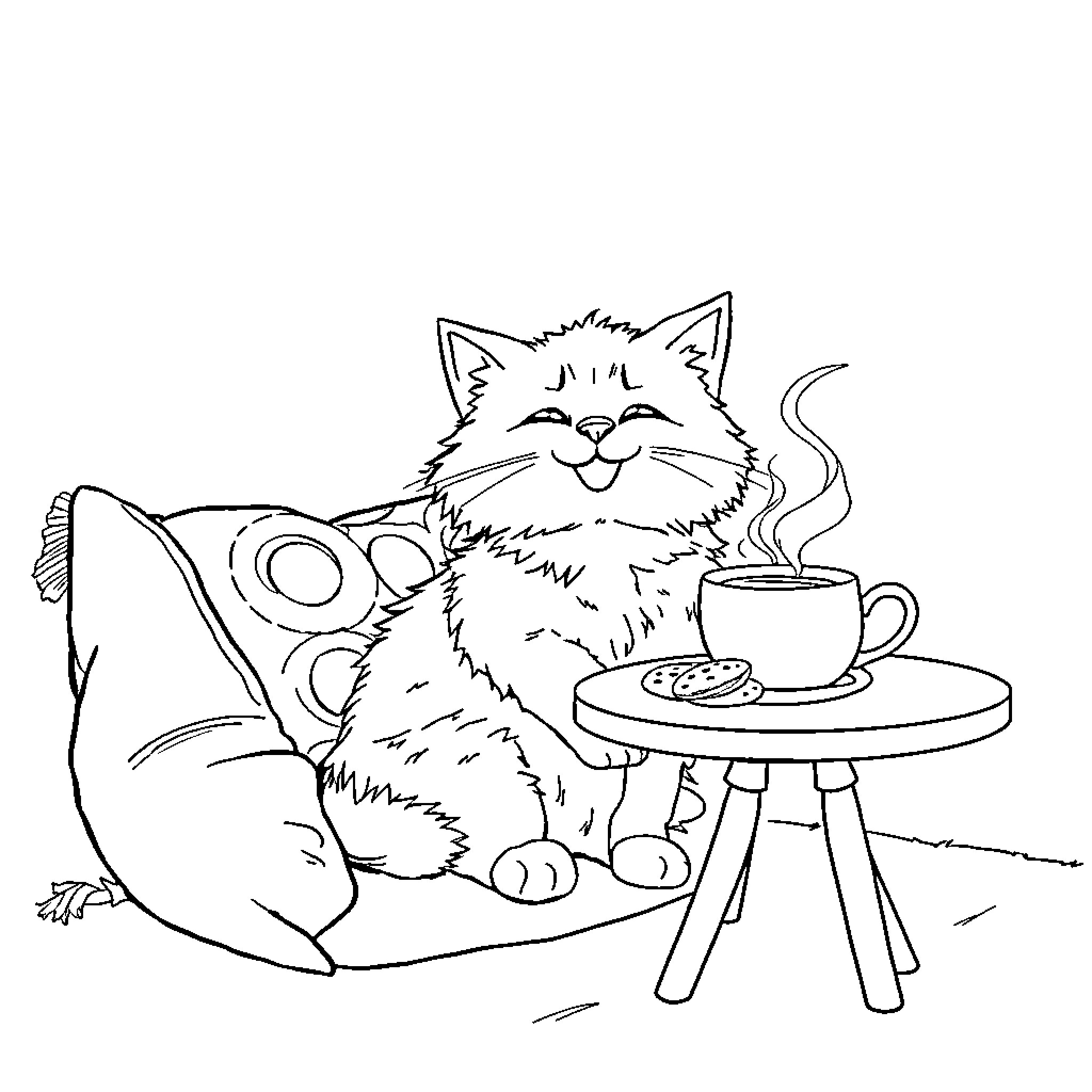 Cat enjoying a cozy day with coffee Coloring Page (free black-and-white line drawing printable PDF for all, from beginners to advanced learners, including children, teens, adults, and seniors)