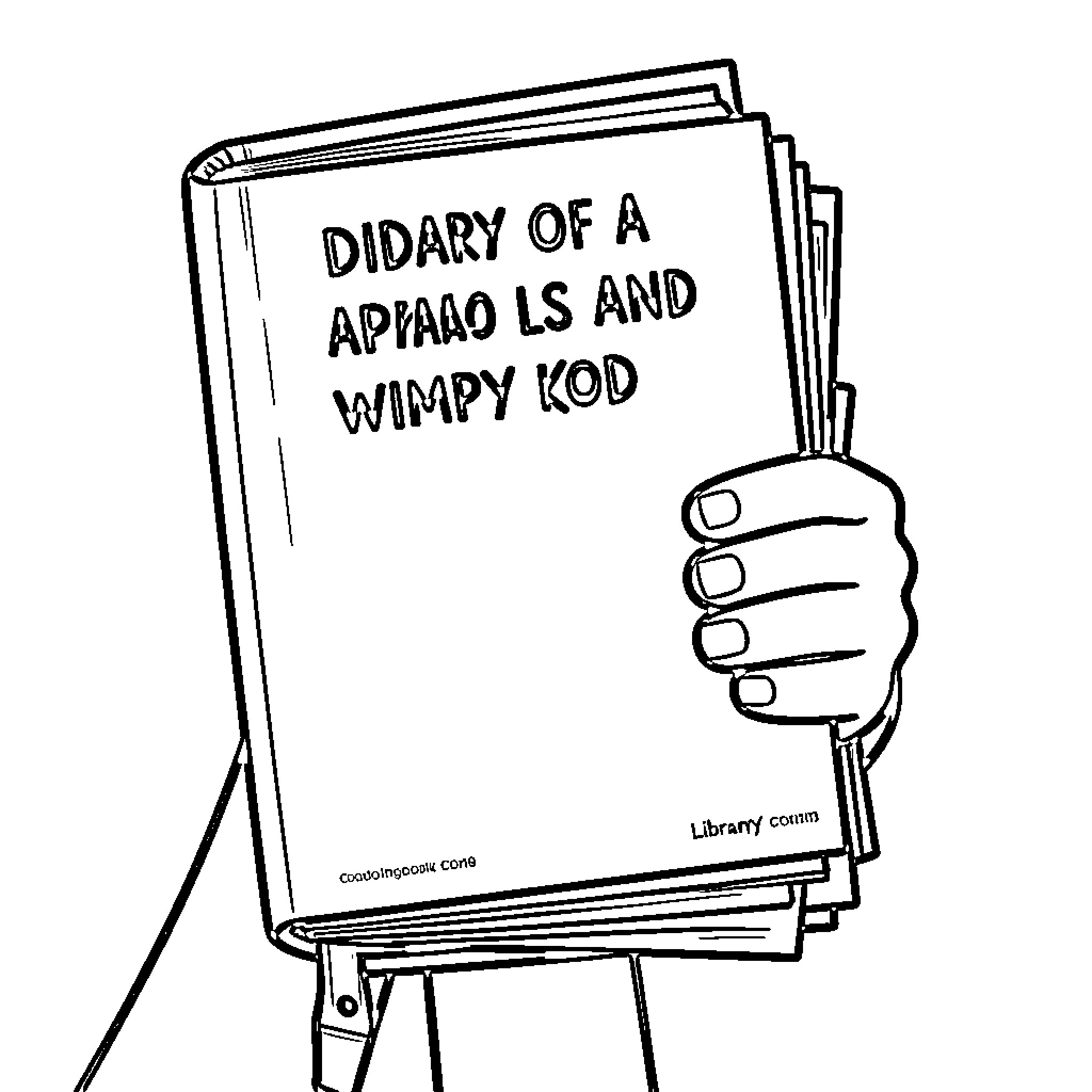 Diary of a Wimpy Kid book held by a hand Coloring Page (free black-and-white line drawing printable PDF for all, from beginners to advanced learners, including children, teens, adults, and seniors)