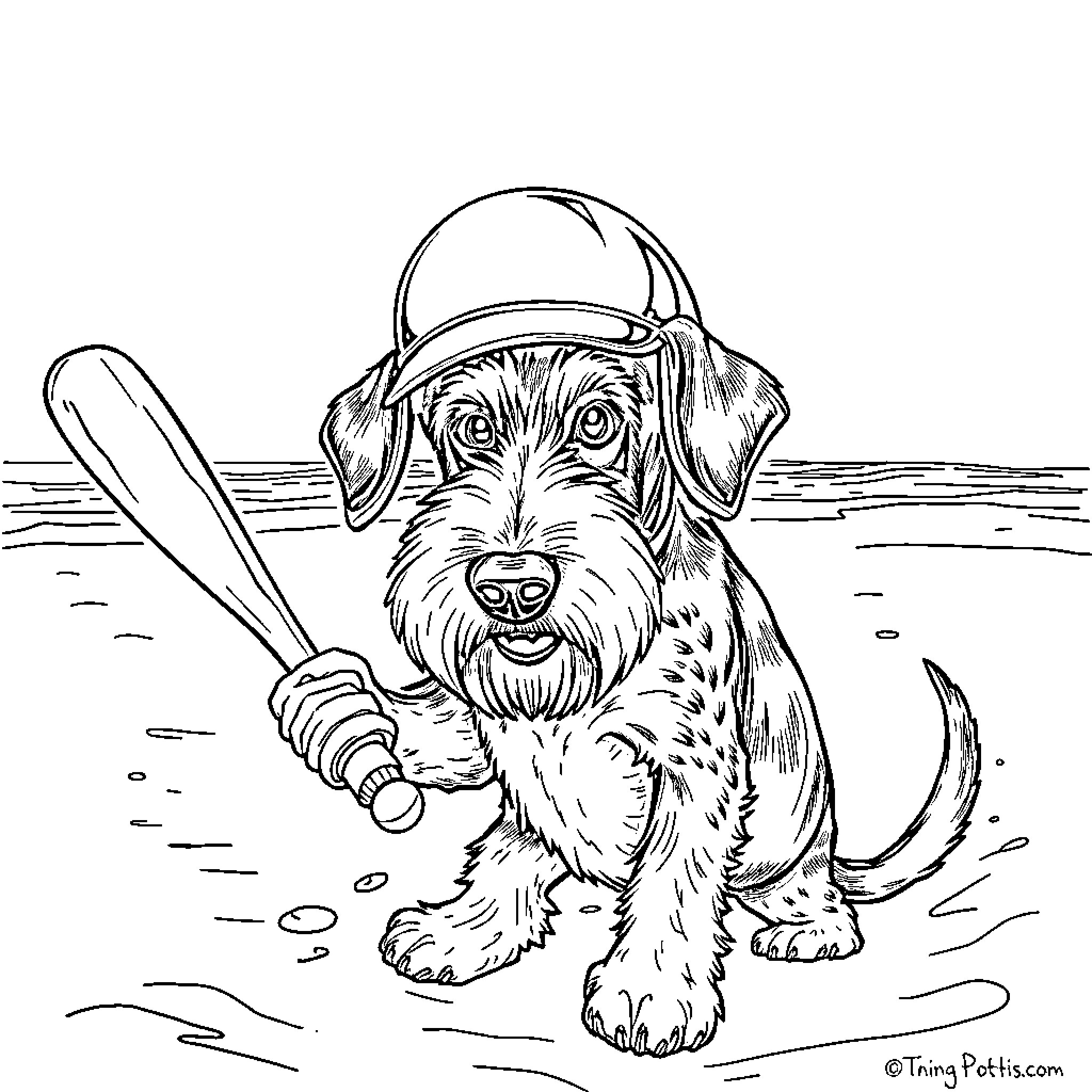 Airedale playing baseball on the field Coloring Page (free black-and-white line drawing printable PDF for all, from beginners to advanced learners, including children, teens, adults, and seniors)