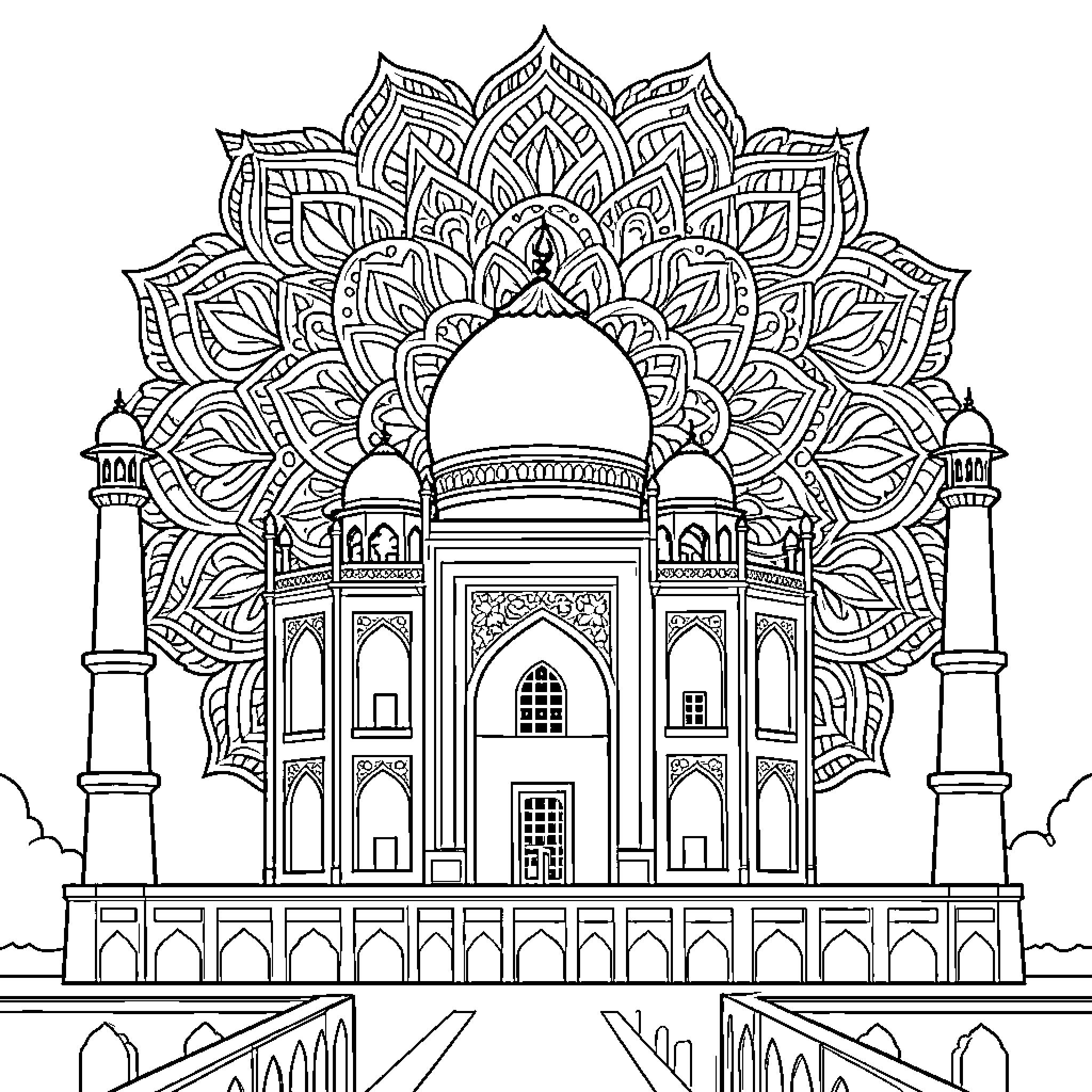 Taj Mahal standing majestically against a large mandala backdrop Coloring Page (free black-and-white line drawing printable PDF for all, from beginners to advanced learners, including children, teens, adults, and seniors)