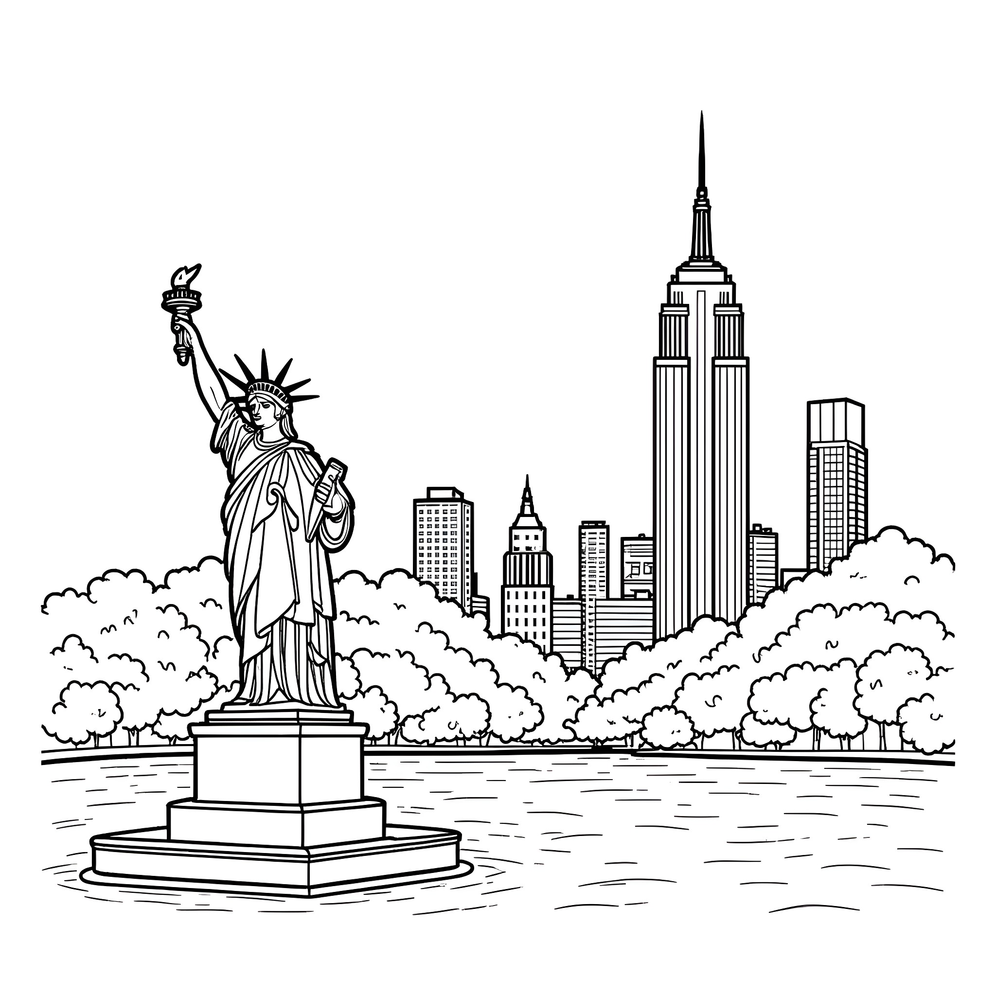 New York City Skyline with Statue of Liberty Coloring Page (free black-and-white line drawing printable PDF for all, from beginners to advanced learners, including children, teens, adults, and seniors)