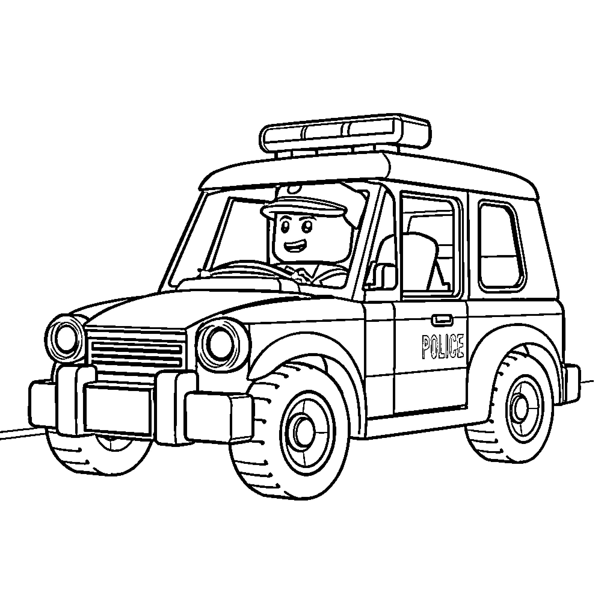 Police Car with Officer Driving Coloring Page (free black-and-white line drawing printable PDF for all, from beginners to advanced learners, including children, teens, adults, and seniors)