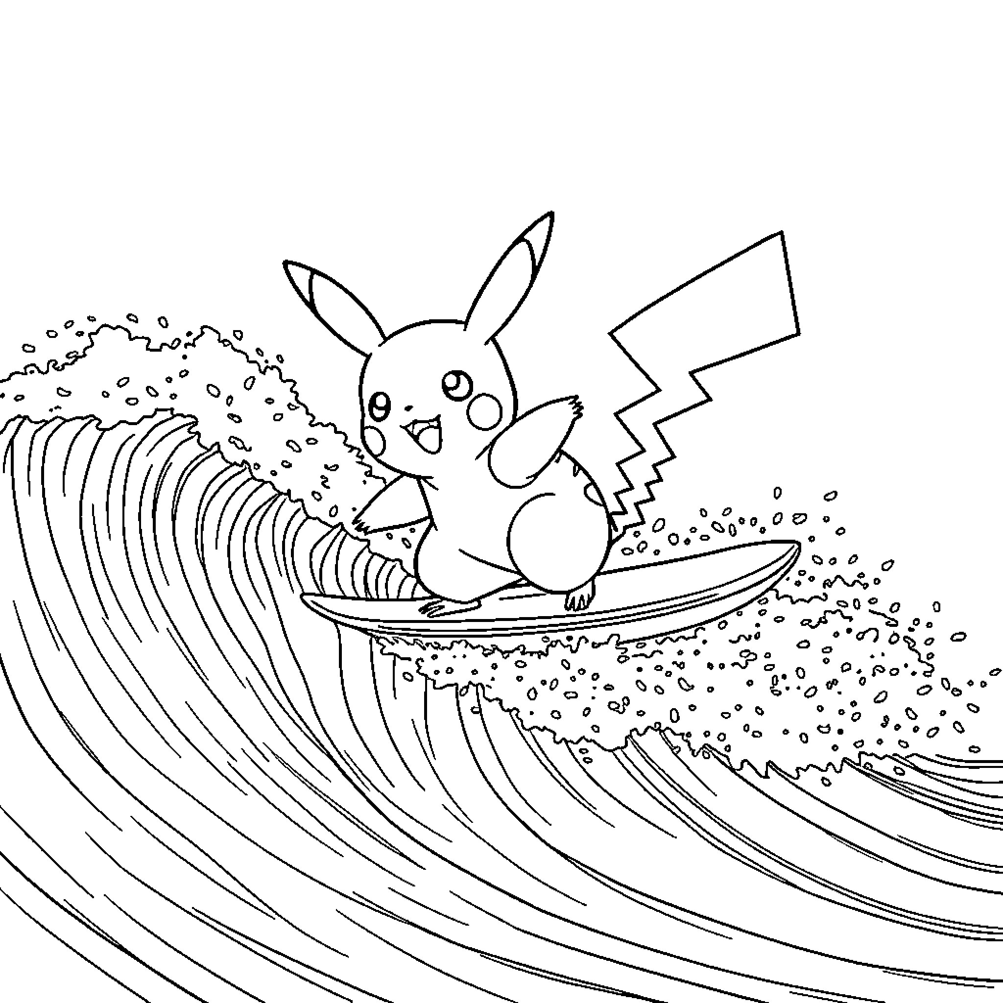 Pikachu surfs the waves on a surfboard Coloring Page (free black-and-white line drawing printable PDF for all, from beginners to advanced learners, including children, teens, adults, and seniors)