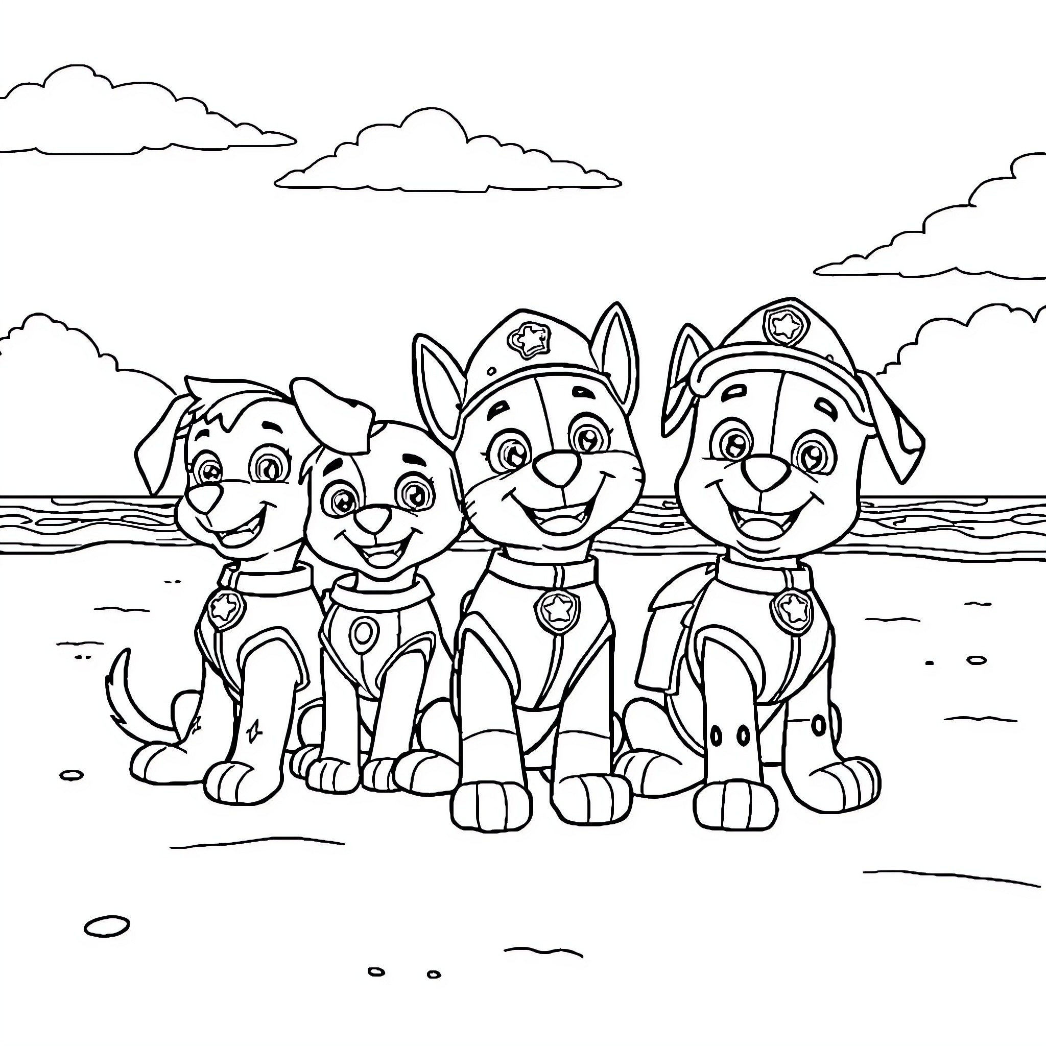 Paw Patrol Team Assemble for Adventure Coloring Page (free black-and-white line drawing printable PDF for all, from beginners to advanced learners, including children, teens, adults, and seniors)
