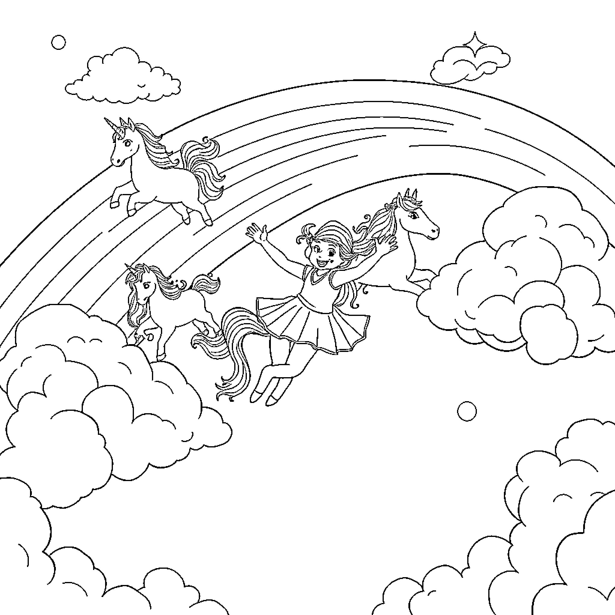 Girl flying on unicorns through magical rainbow clouds Coloring Page (free black-and-white line drawing printable PDF for all, from beginners to advanced learners, including children, teens, adults, and seniors)