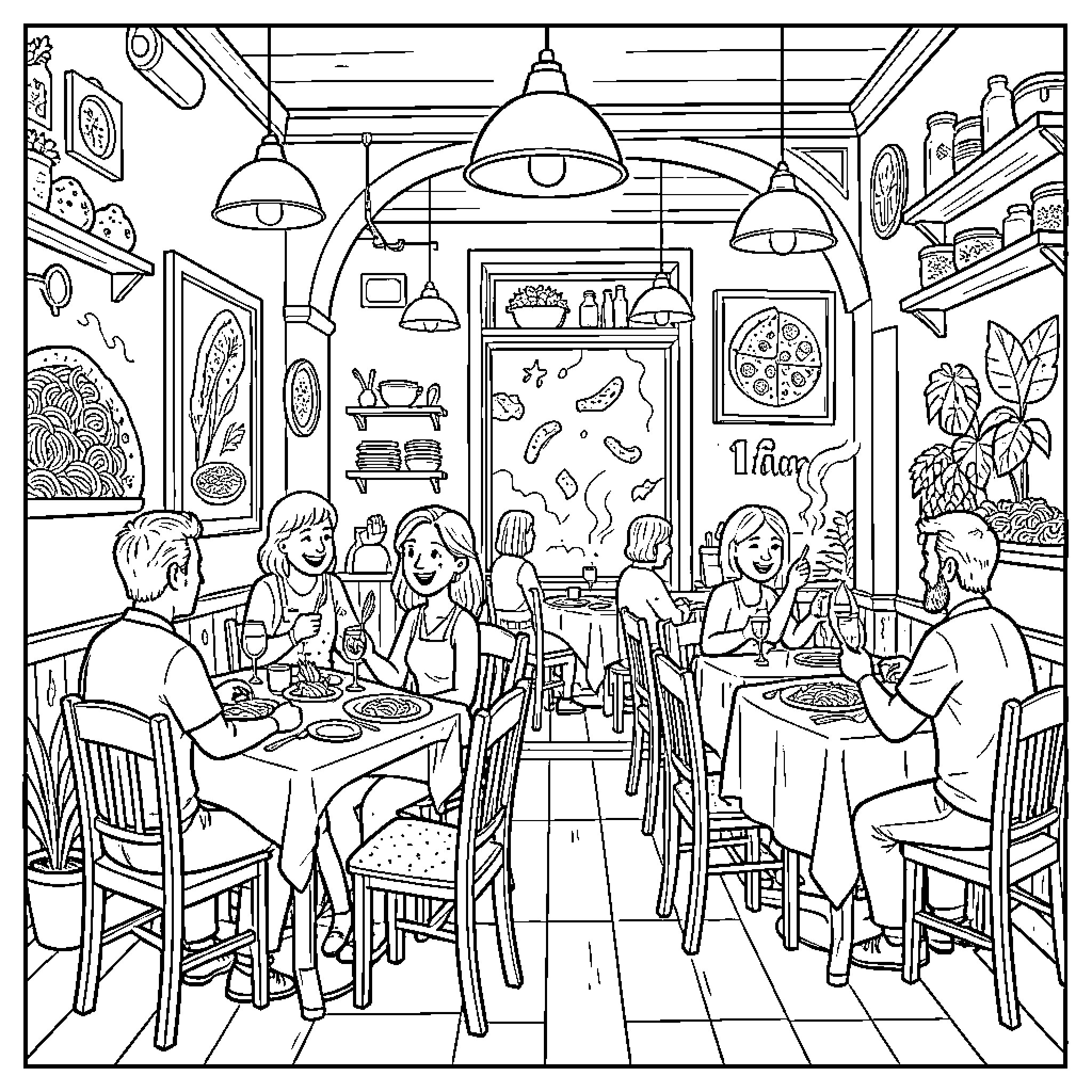 Restaurant Patrons Enjoying Meals and Conversation Coloring Page (free black-and-white line drawing printable PDF for all, from beginners to advanced learners, including children, teens, adults, and seniors)