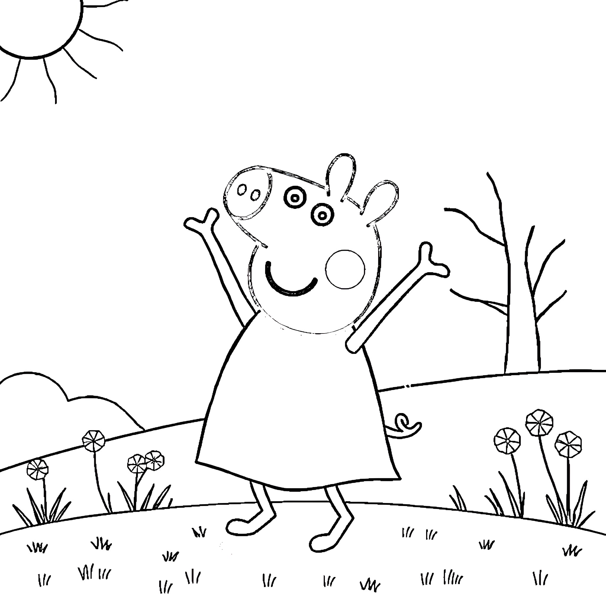 Peppa Pig playing happily in the meadow Coloring Page (free black-and-white line drawing printable PDF for all, from beginners to advanced learners, including children, teens, adults, and seniors)