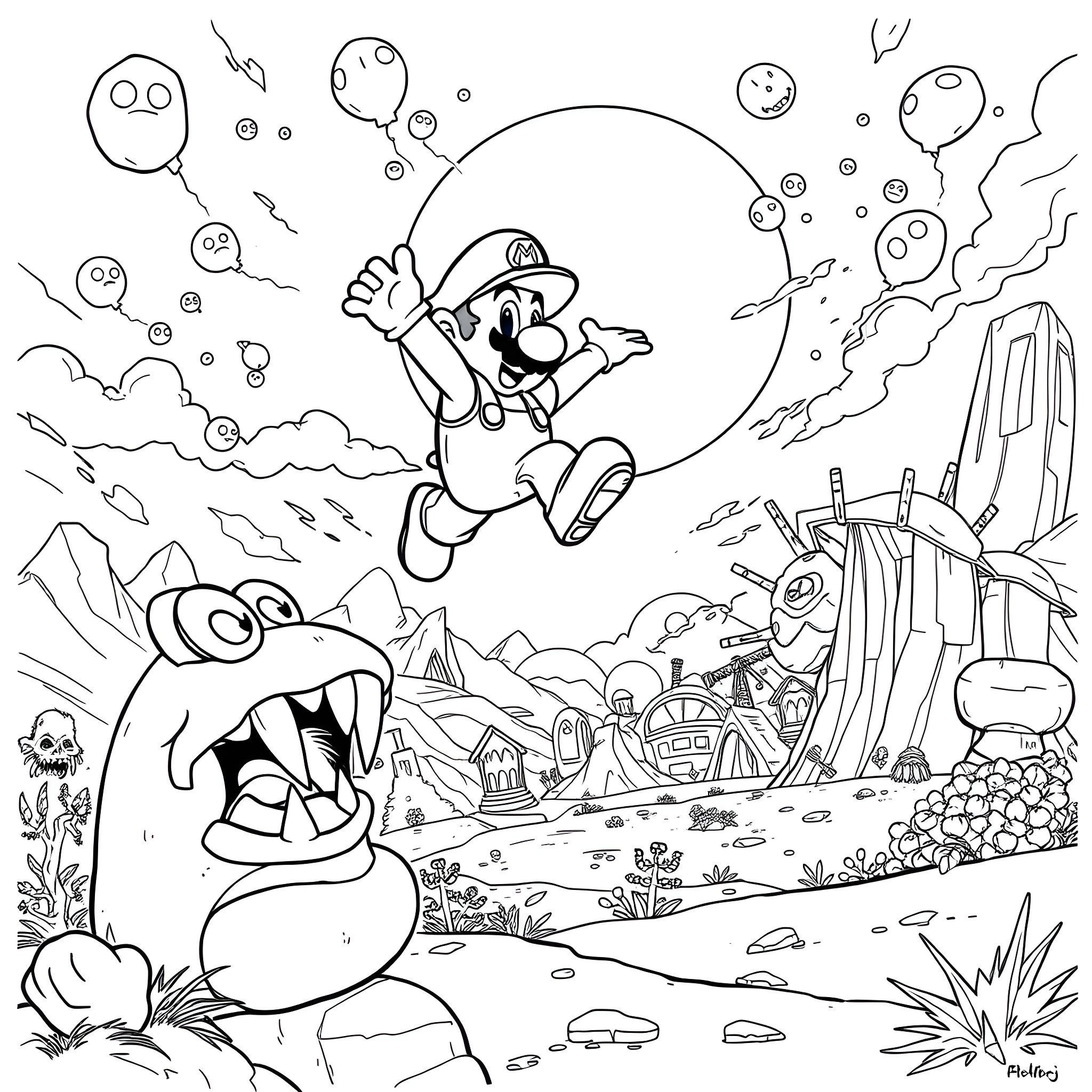 Mario's Adventurous Exploration in the Whimsical Landscape Coloring Page (free black-and-white line drawing printable PDF for all, from beginners to advanced learners, including children, teens, adults, and seniors)