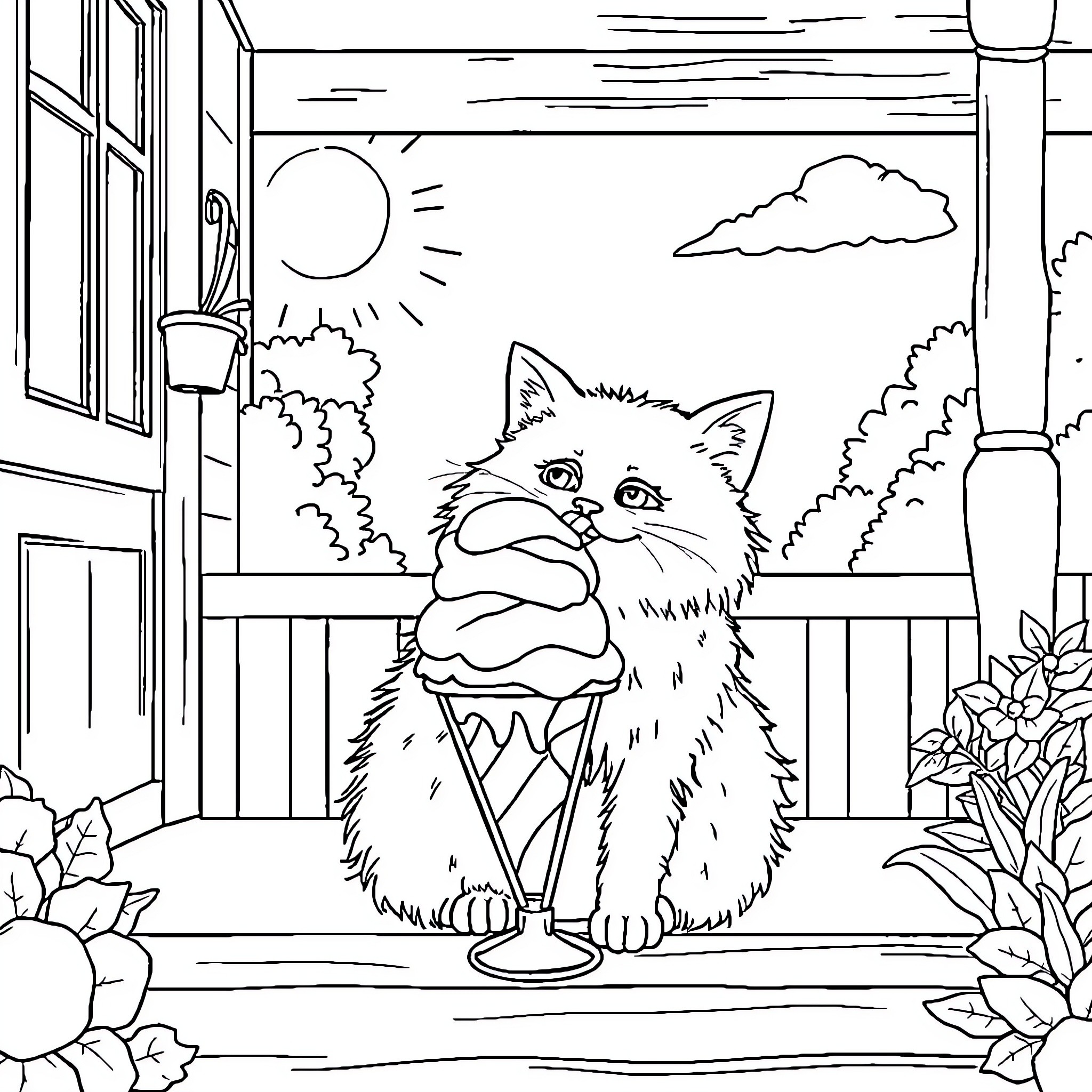 Cat relaxing with ice cream on a sunny day Coloring Page (free black-and-white line drawing printable PDF for all, from beginners to advanced learners, including children, teens, adults, and seniors)