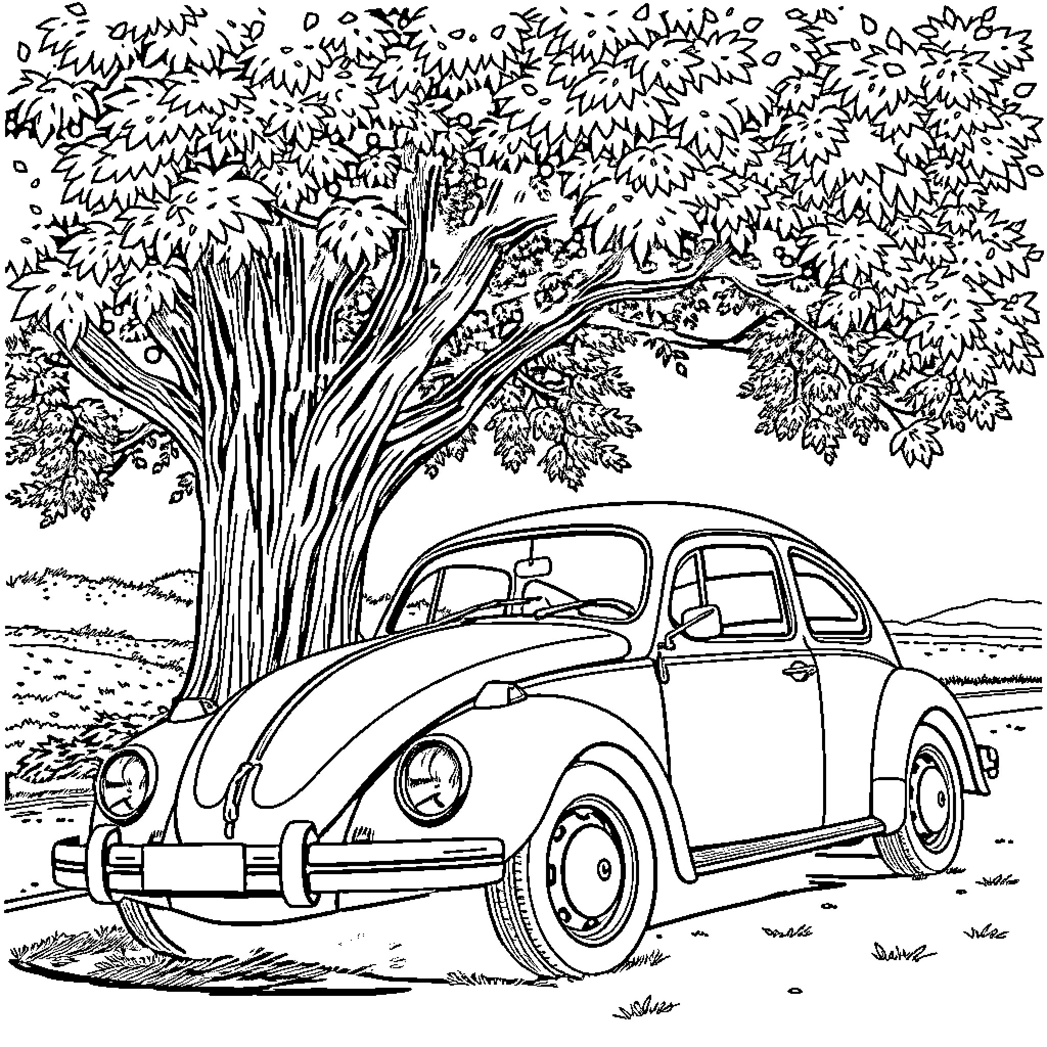 VW Beetle parked under a tree in nature Coloring Page (free black-and-white line drawing printable PDF for all, from beginners to advanced learners, including children, teens, adults, and seniors)