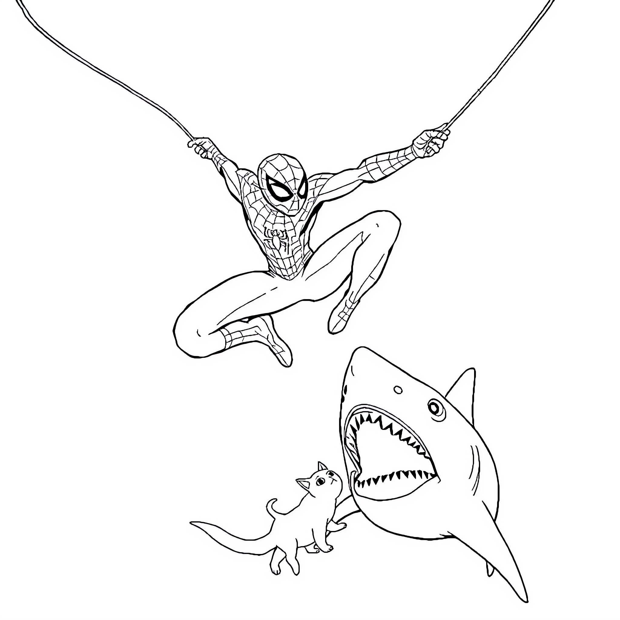Spider-Man swinging over a shark attack Coloring Page (free black-and-white line drawing printable PDF for all, from beginners to advanced learners, including children, teens, adults, and seniors)