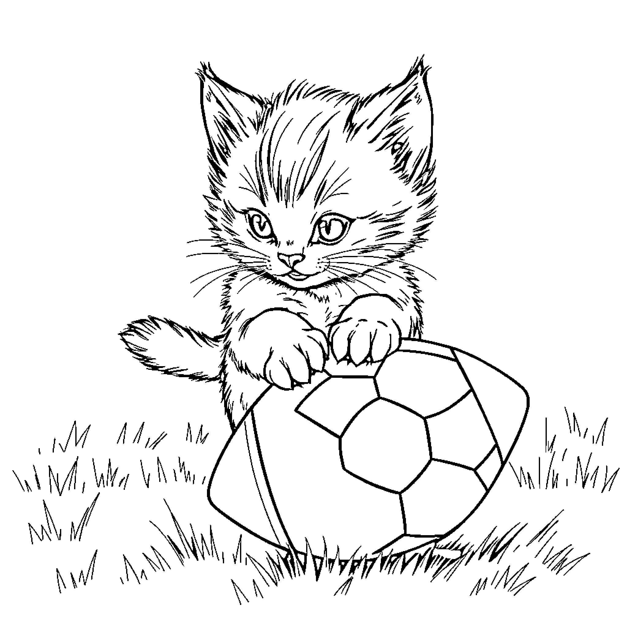 Kitten playing with soccer ball on the grass Coloring Page (free black-and-white line drawing printable PDF for all, from beginners to advanced learners, including children, teens, adults, and seniors)