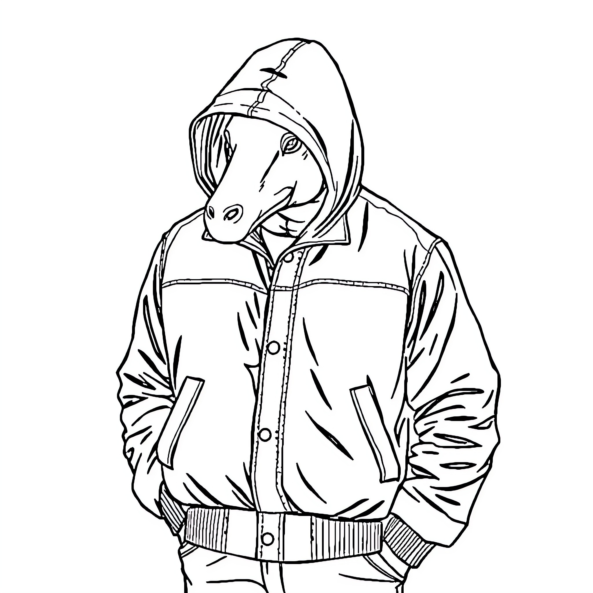Jacket-clad figure with hoodie in motion Coloring Page (free black-and-white line drawing printable PDF for all, from beginners to advanced learners, including children, teens, adults, and seniors)