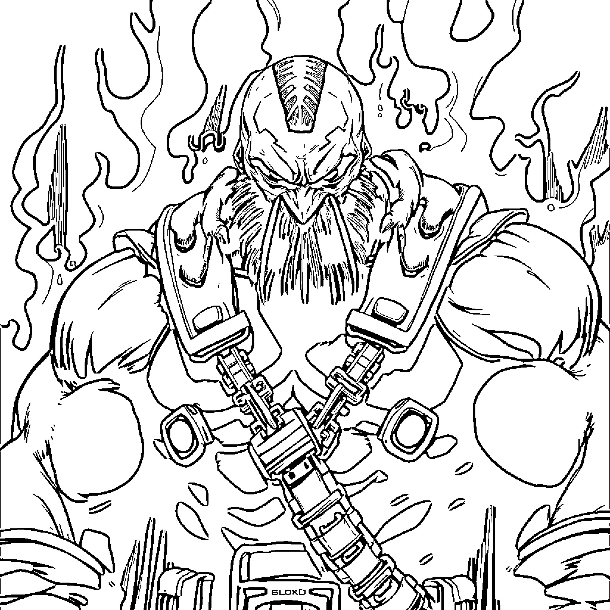 Bane wielding his powerful weapon amidst a chaotic environment Coloring Page (free black-and-white line drawing printable PDF for all, from beginners to advanced learners, including children, teens, adults, and seniors)