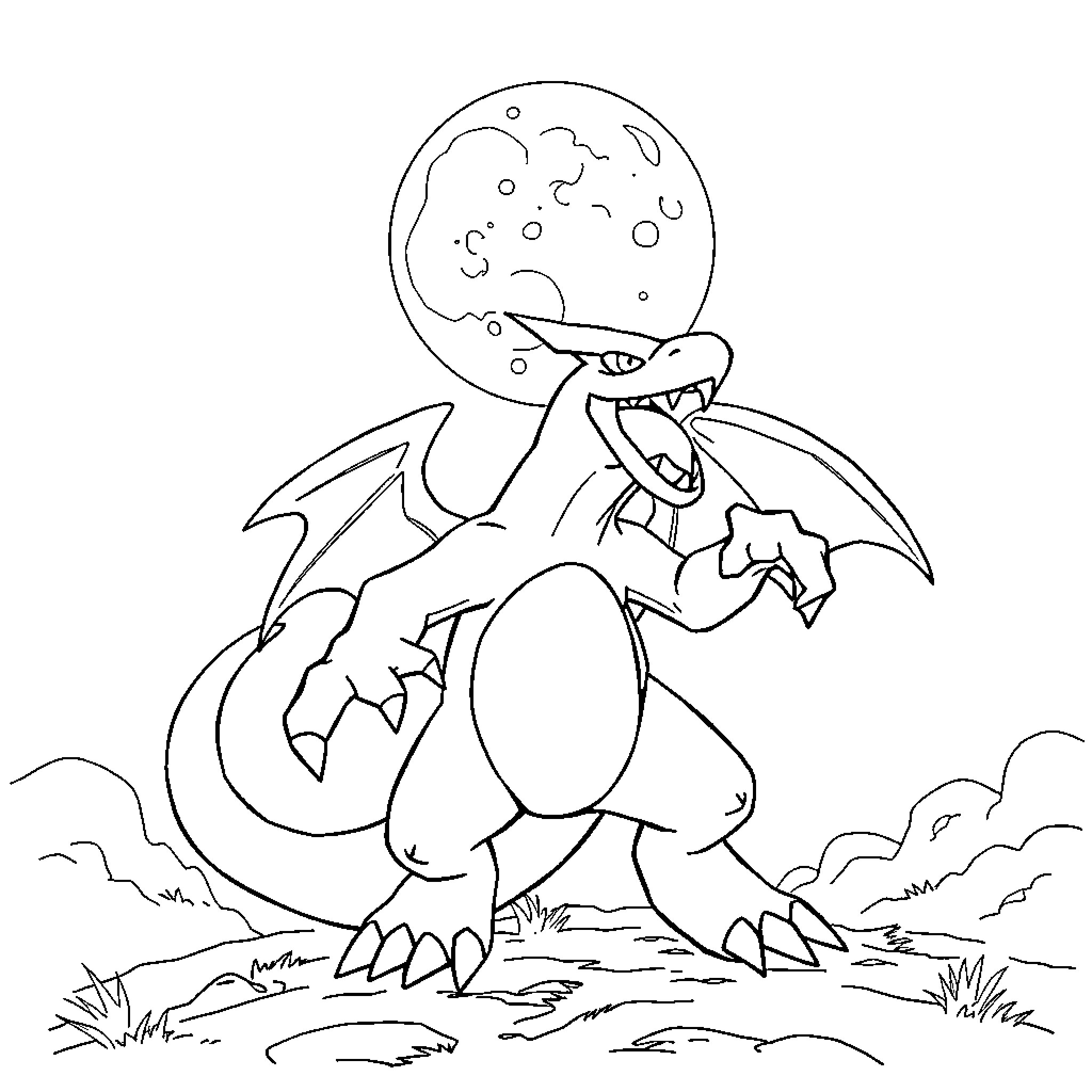 Garchomp soaring through the skies Coloring Page (free black-and-white line drawing printable PDF for all, from beginners to advanced learners, including children, teens, adults, and seniors)