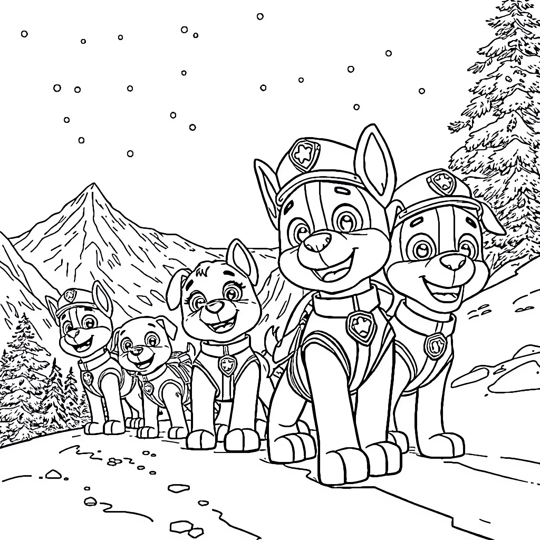 Paw Patrol Team Exploring the Snowy Landscape Coloring Page (free black-and-white line drawing printable PDF for all, from beginners to advanced learners, including children, teens, adults, and seniors)