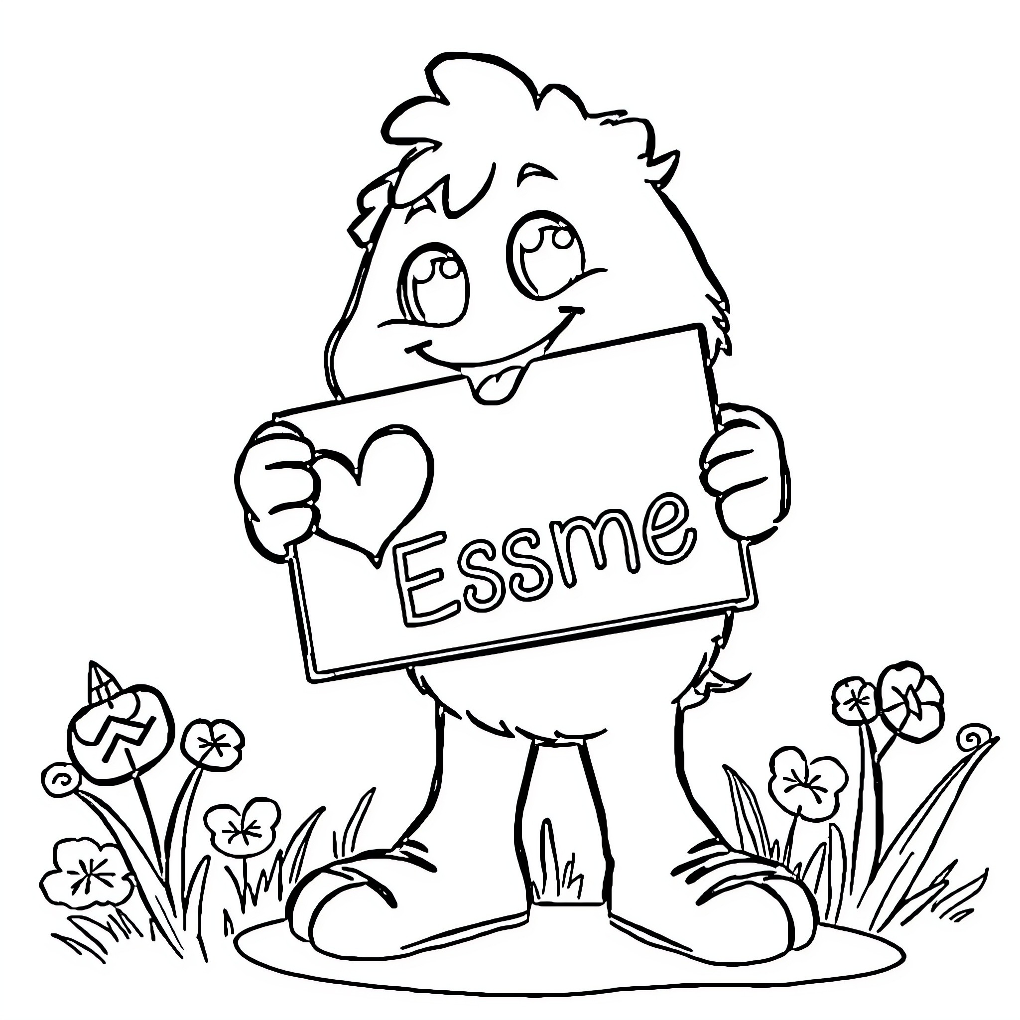Bluey holding 'Essme' sign with flowers Coloring Page (free black-and-white line drawing printable PDF for all, from beginners to advanced learners, including children, teens, adults, and seniors)