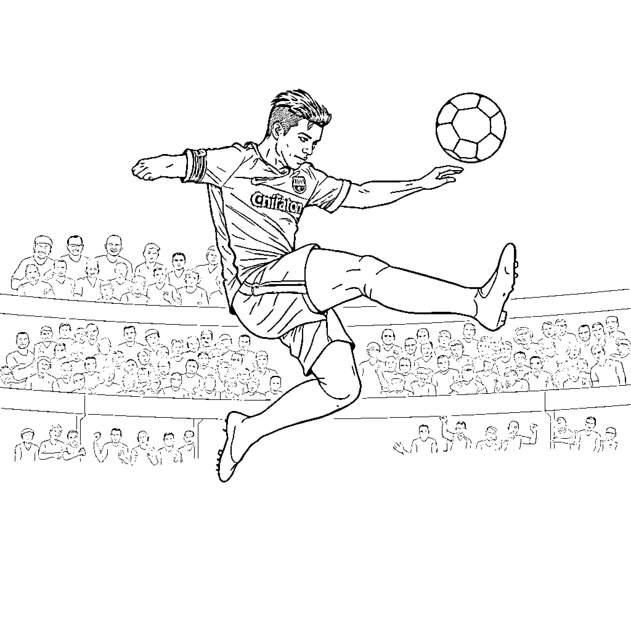 Cristiano Ronaldo performing athletic soccer move Coloring Page (free black-and-white line drawing printable PDF for all, from beginners to advanced learners, including children, teens, adults, and seniors)