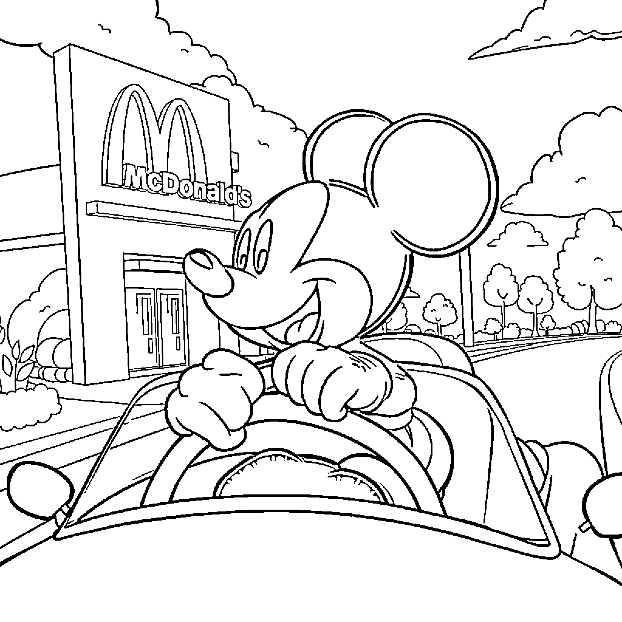 Mickey Mouse driving car near McDonald's restaurant Coloring Page (free black-and-white line drawing printable PDF for all, from beginners to advanced learners, including children, teens, adults, and seniors)