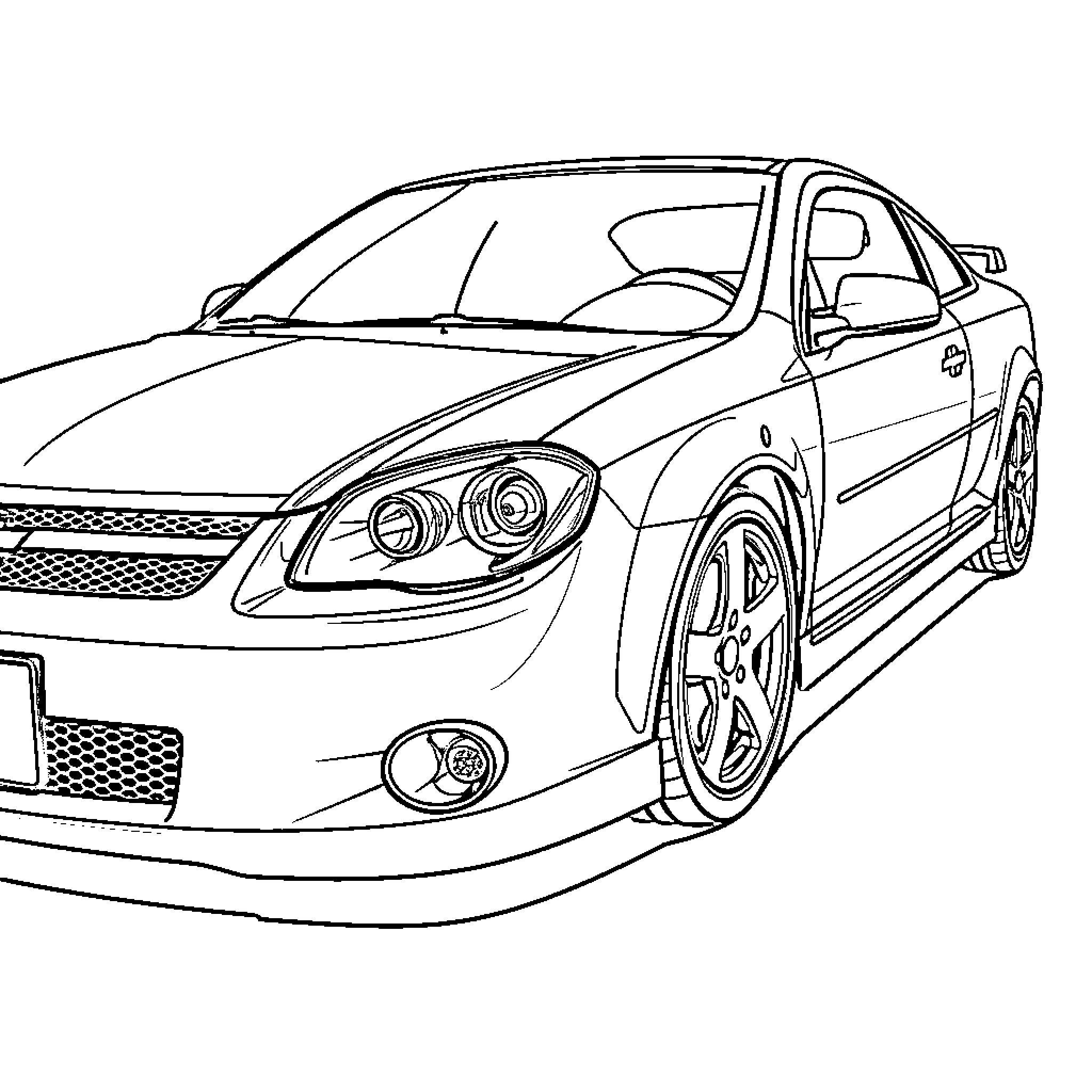 Chevy Cobalt speeding down the road Coloring Page (free black-and-white line drawing printable PDF for all, from beginners to advanced learners, including children, teens, adults, and seniors)