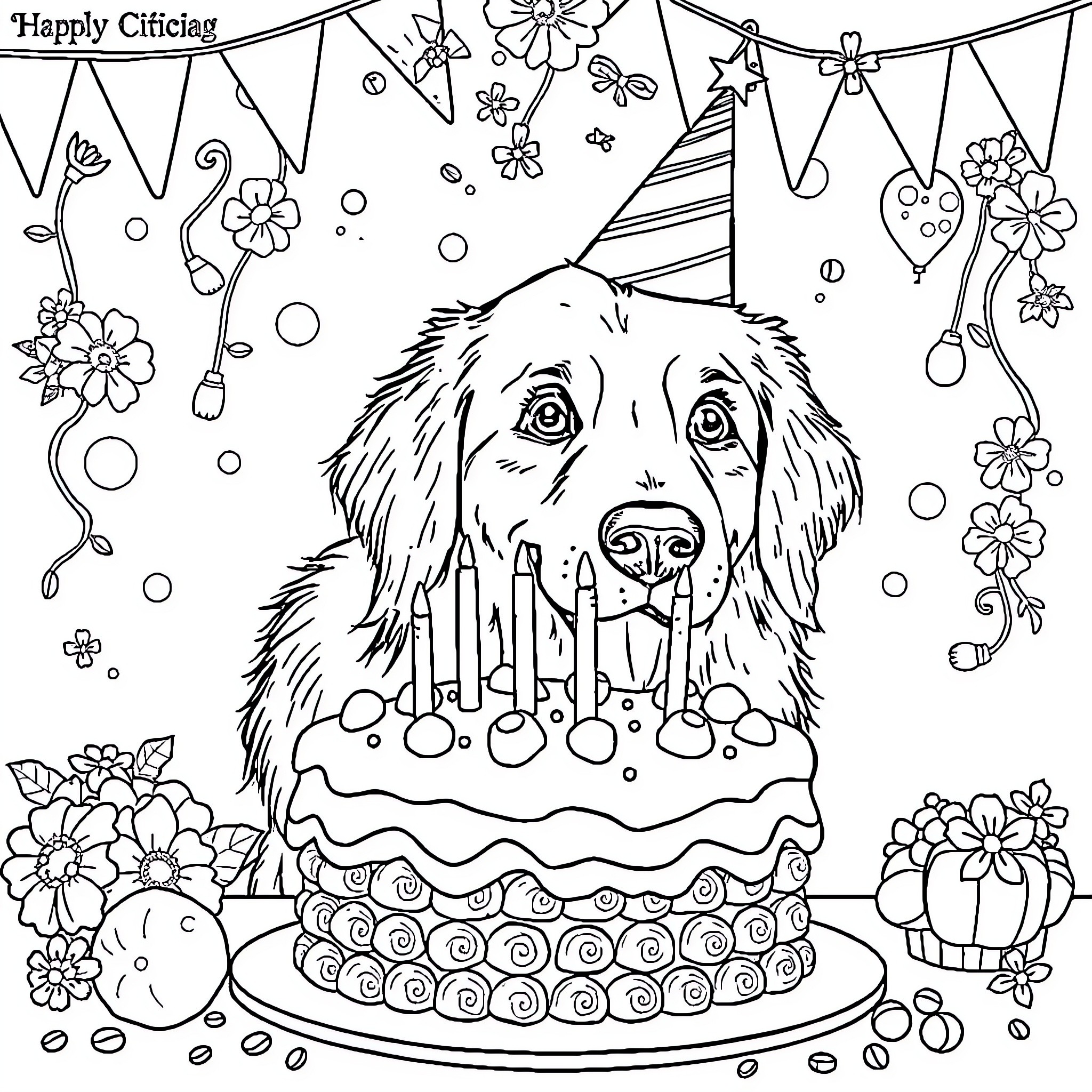 Golden Retriever Celebrating a Happy Birthday Coloring Page (free black-and-white line drawing printable PDF for all, from beginners to advanced learners, including children, teens, adults, and seniors)