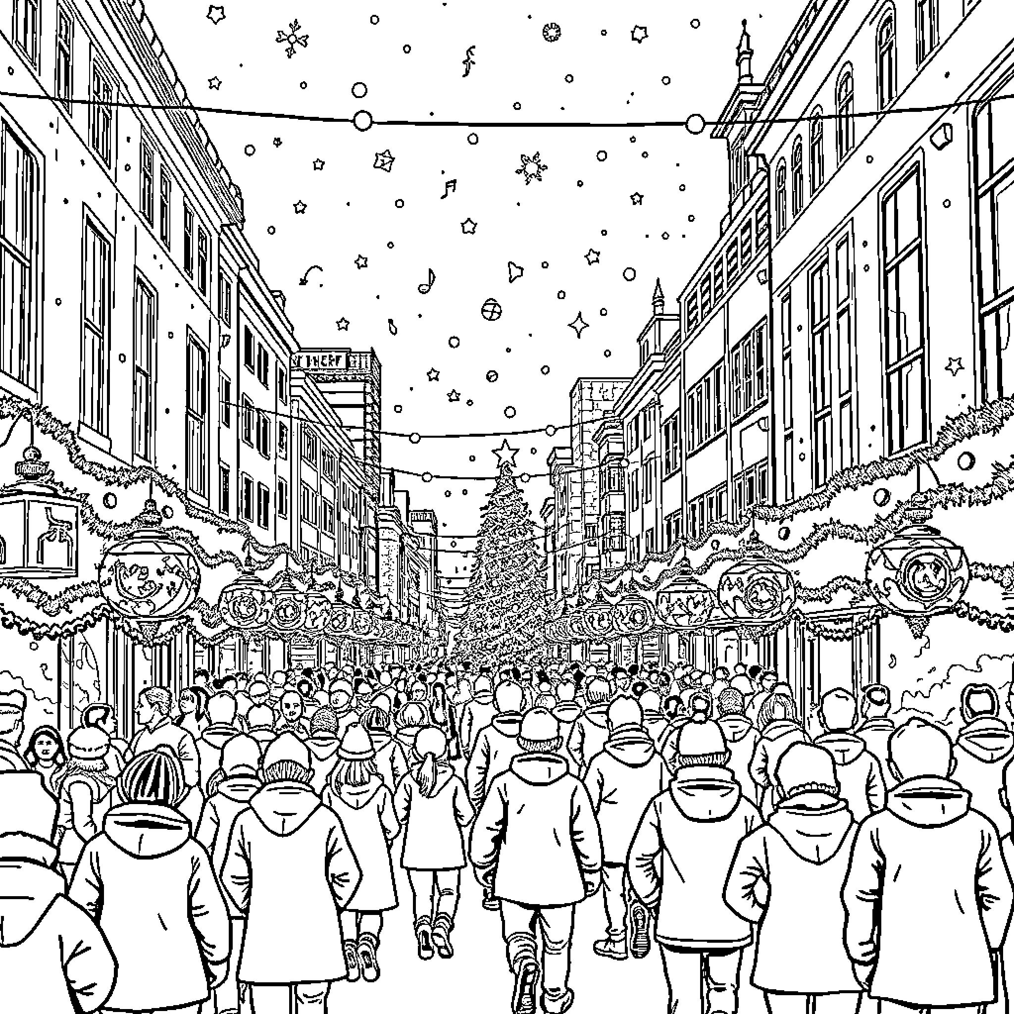 Christmas in the Bustling City Crowd Coloring Page (free black-and-white line drawing printable PDF for all, from beginners to advanced learners, including children, teens, adults, and seniors)