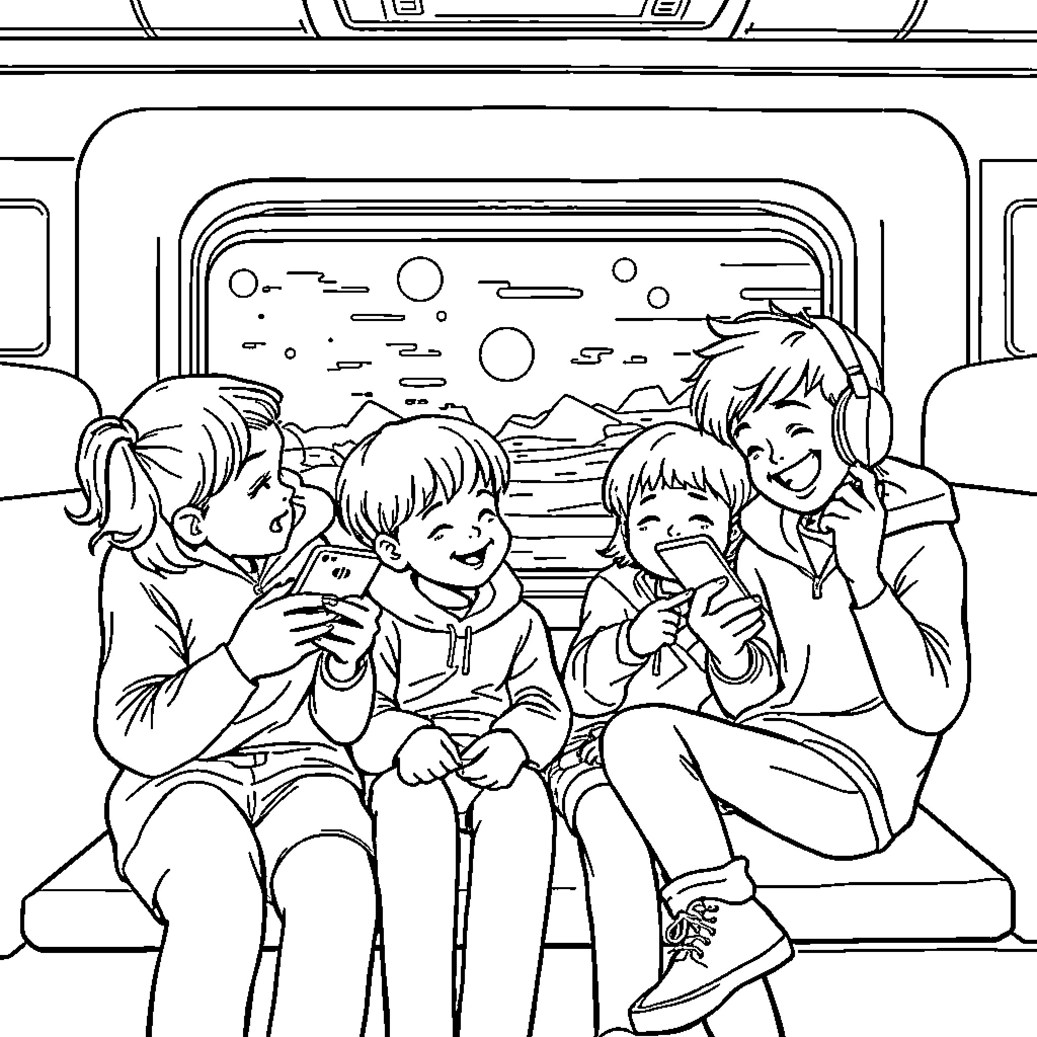 Stray Kids enjoying a scenic bus ride together Coloring Page (free black-and-white line drawing printable PDF for all, from beginners to advanced learners, including children, teens, adults, and seniors)